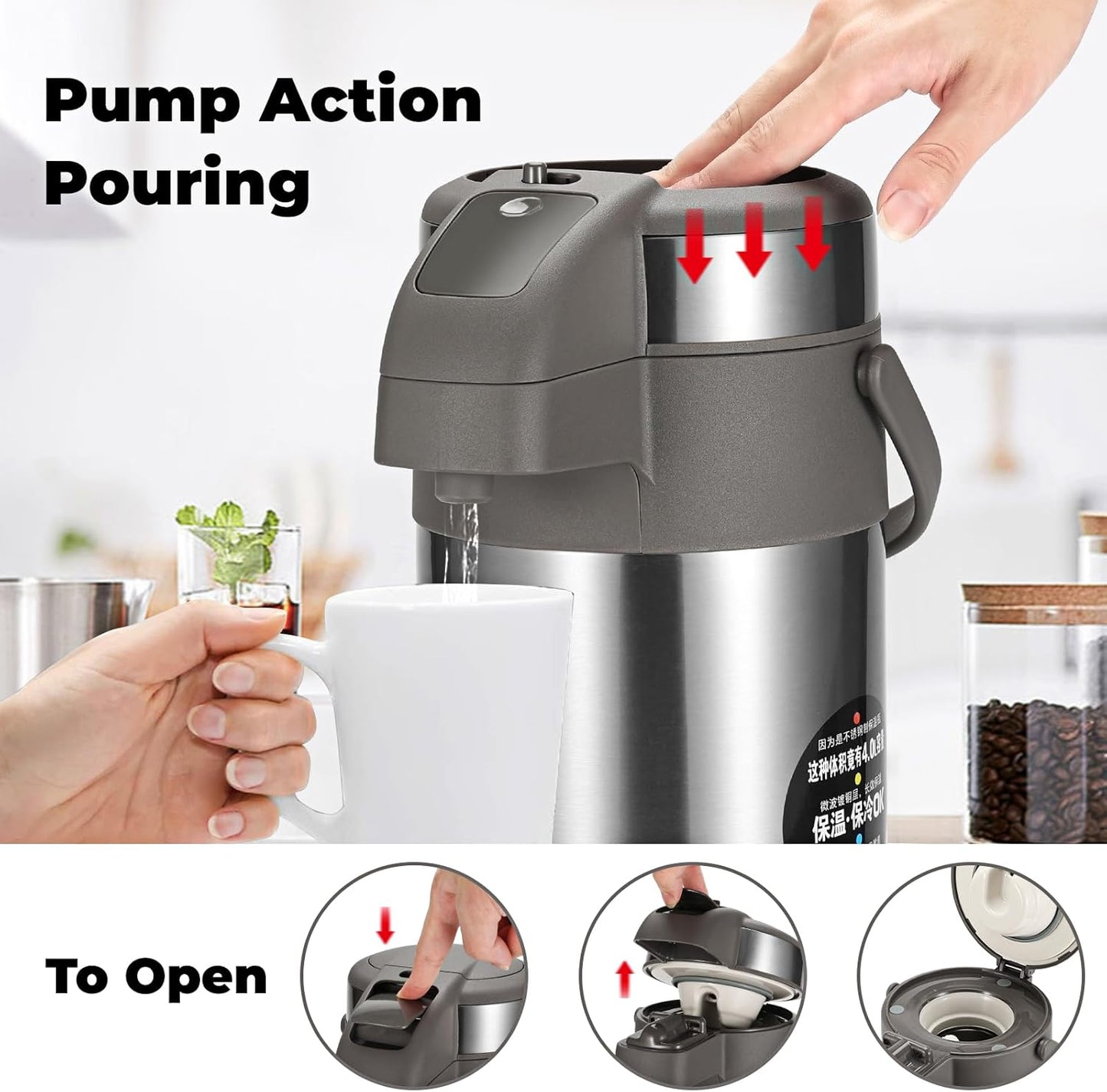 OJOJ 3L/101OZ Thermal Coffee Carafe with Pump, Thermal Beverage Dispenser, Coffee Airpot Stainless Steel Coffee Carafe for Hot Drinks Silver