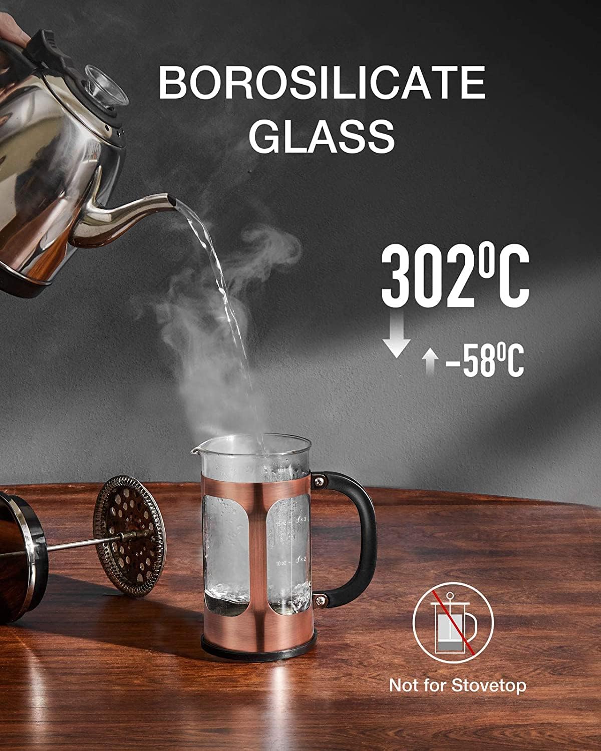 BAYKA 21 Ounce 0.6 Liter French Press Coffee Tea Maker Small, Heat Resistant Thickened Borosilicate Glass Stainless Steel Single Serve Brewer, Cold Brew Percolators, Cafetera Teapot, Copper