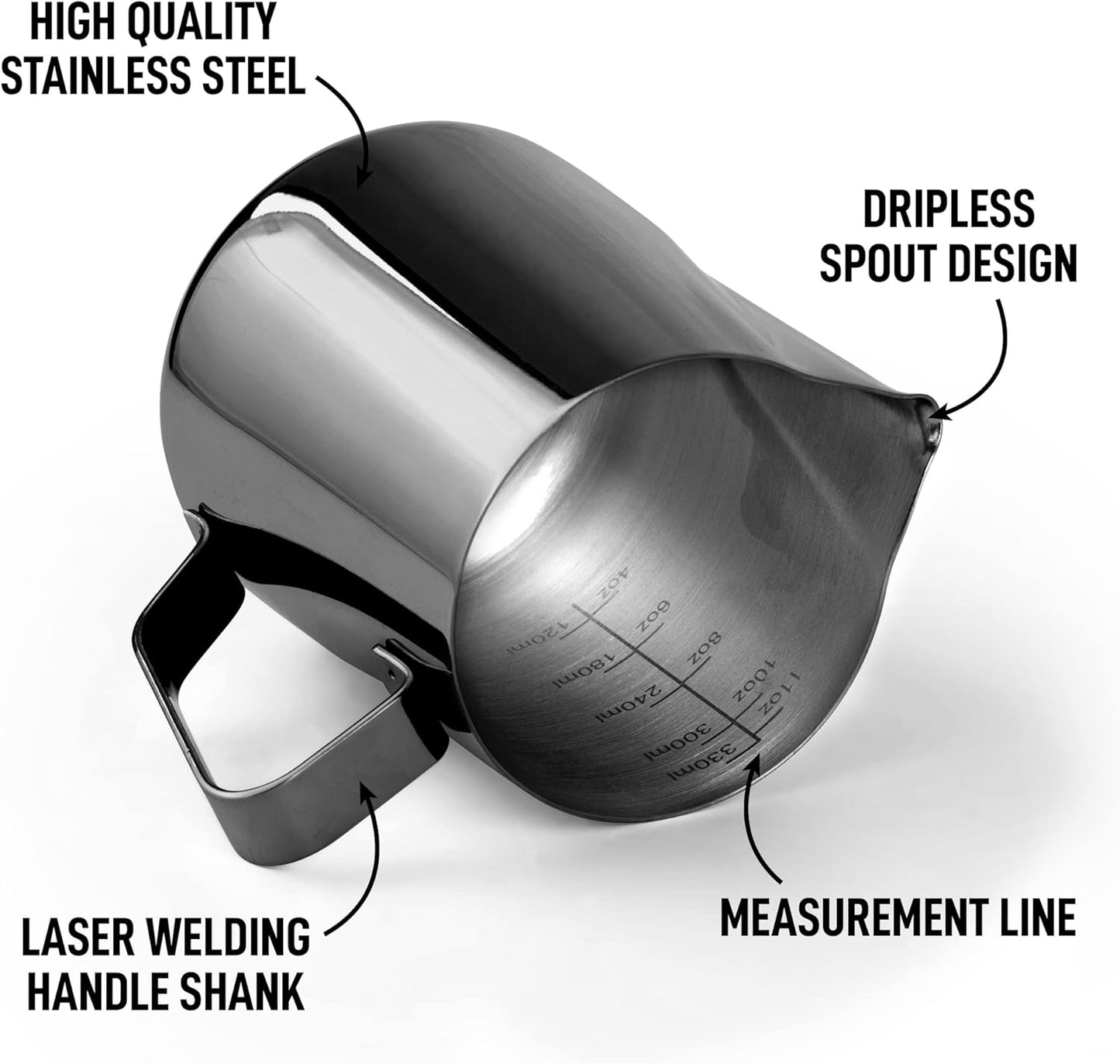 Zulay Milk Frother Cup 350ml/600ml/950ml (12oz/20oz/32oz) - Stainless Steel Frothing Pitcher With Laser-Welded Handle & Precise Measurement Markings - Black - 12oz