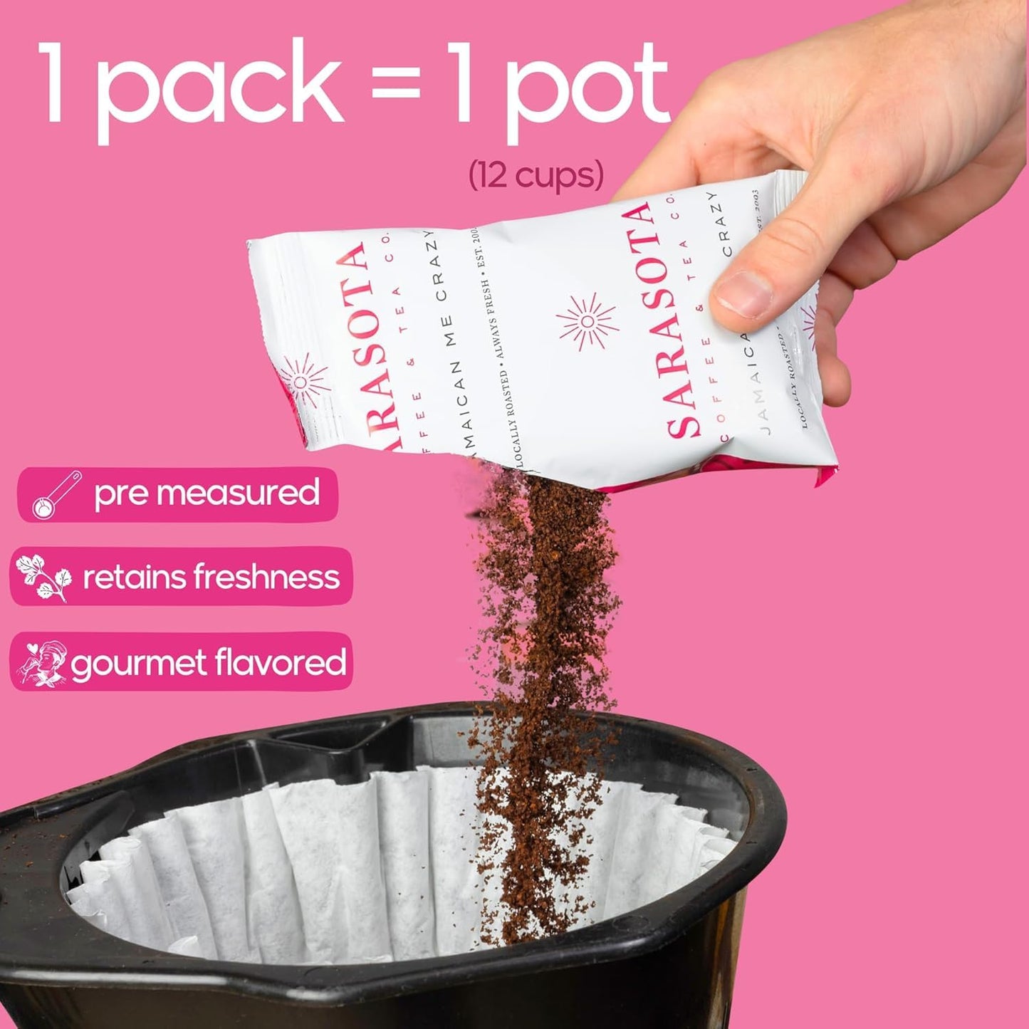Sarasota Coffee Packs Bulk Ground Packets | Jamaican Me Crazy Flavored | Gourmet Assorted Gift Sampler | Low Acid Mold Free Individual Pouches for 12 Cup Coffee Maker | 1.75 Oz Bags, 100 Count