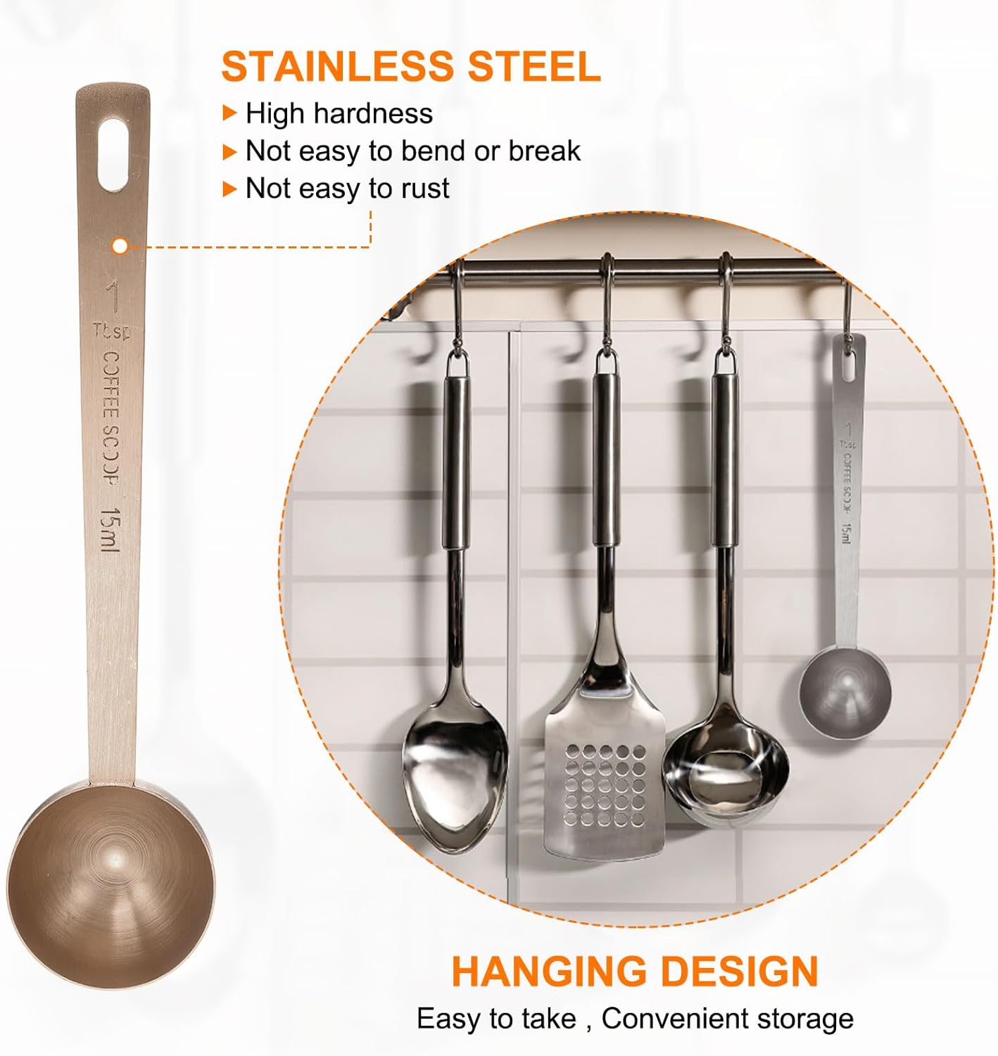 HARFINGTON 3pcs Coffee Scoop Spoon 1tbsp (3tsp, 15ml) 304 Stainless Steel Long Handle Teaspoon/Tablespoon Measuring Spoons Scoops for Tea Sugar Kitchen, Rose Gold
