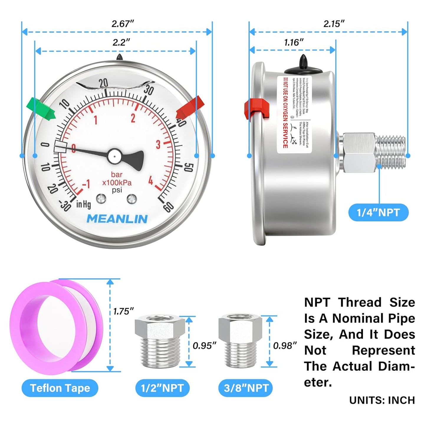 MEANLIN MEASURE -30inHG~60Psi Vacuum Pressure Gauge 316 Stainless Steel Joint 1/4"NPT 2.5"FACE DIAL, Liquid Filled Pressure Gauge WOG Water Oil Air Back Mount with Stainless Steel Hex Bushing, Snaps