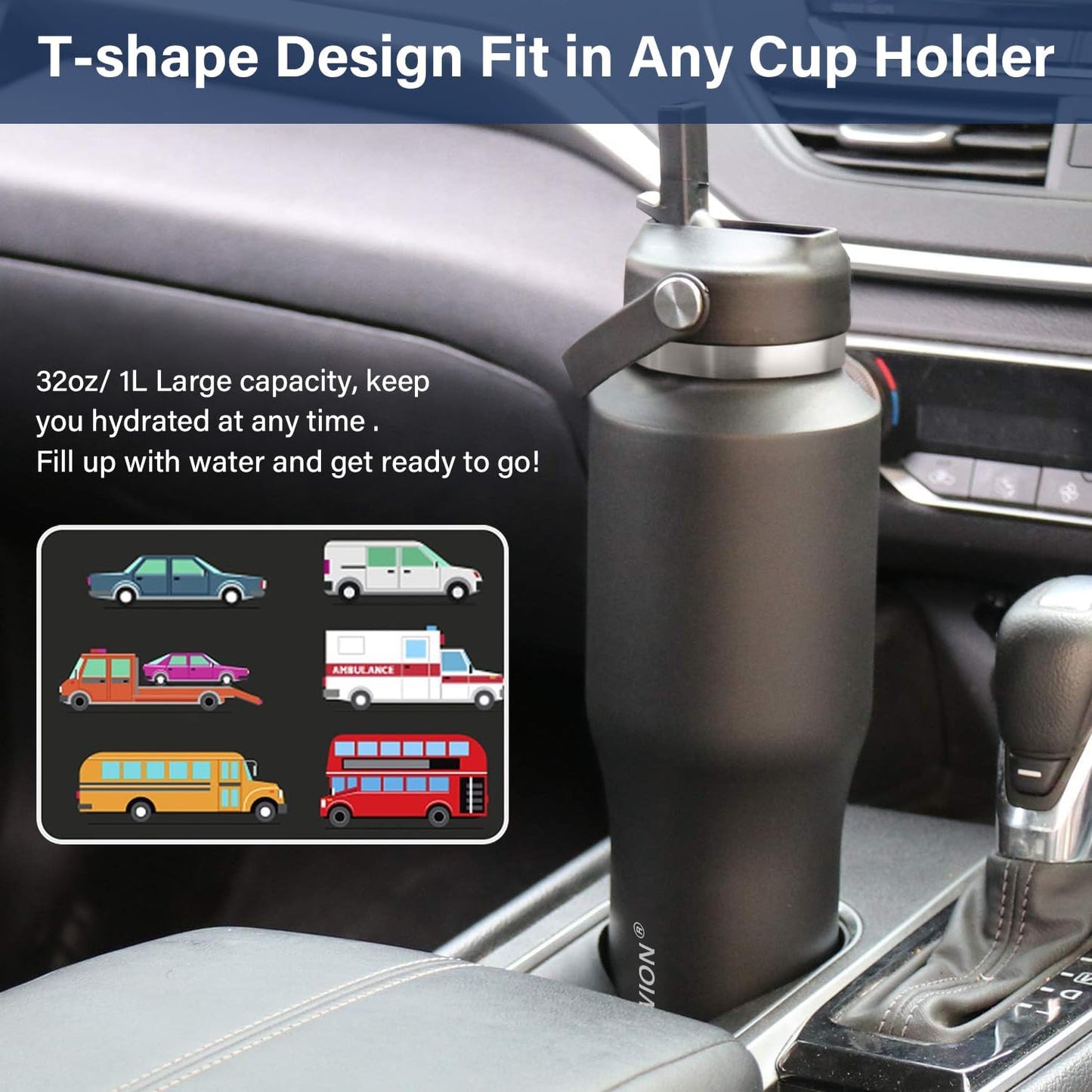 HYDROWION 40 oz Insulated Water Bottle with Straw fit in Car Cup Holder(Cold 48 hrs, Hot 24 hrs) Drinking Bottle with Straw Lid, Spout Lid and Flex Cap Leakproof Travel Thermo Mug，Mint - Black