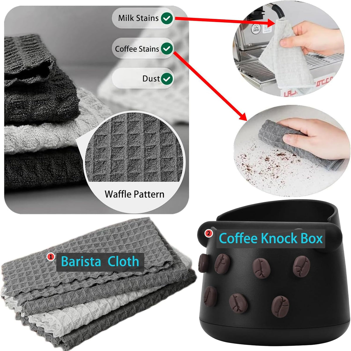 Coffee Knock Box, Espresso Knock Box with Barista Towels, Coffee Grounds Container Disposal,Removable Knock Bar and Non-Slip Base, Espresso Machine Accessories,Black, JDHAVMOS