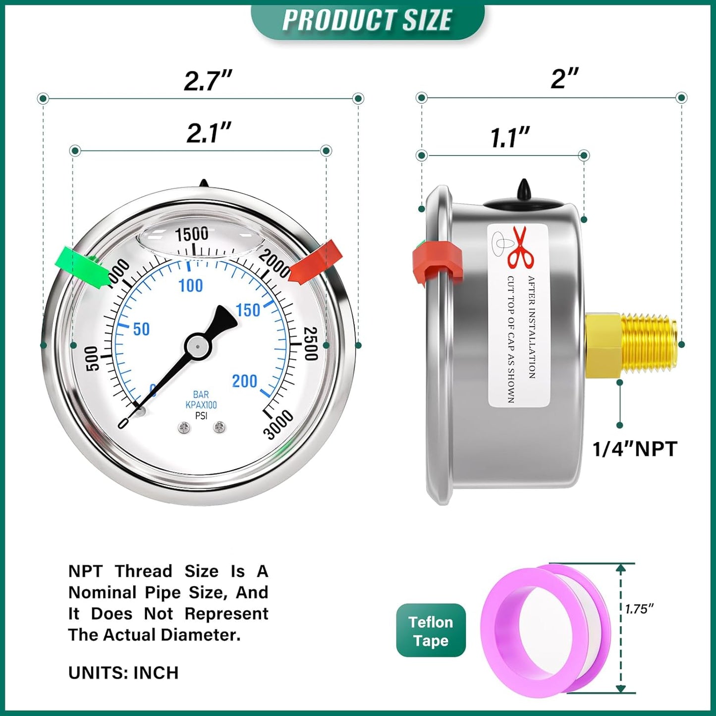 0-3000psi Stainless Steel Glycerin Liquid Filled Pressure Gauge 1/4" NPT 2.5" Face Dial Center Back Mount, for Water, Oil and Air Pressure Testing (with Range Mark Pointer)