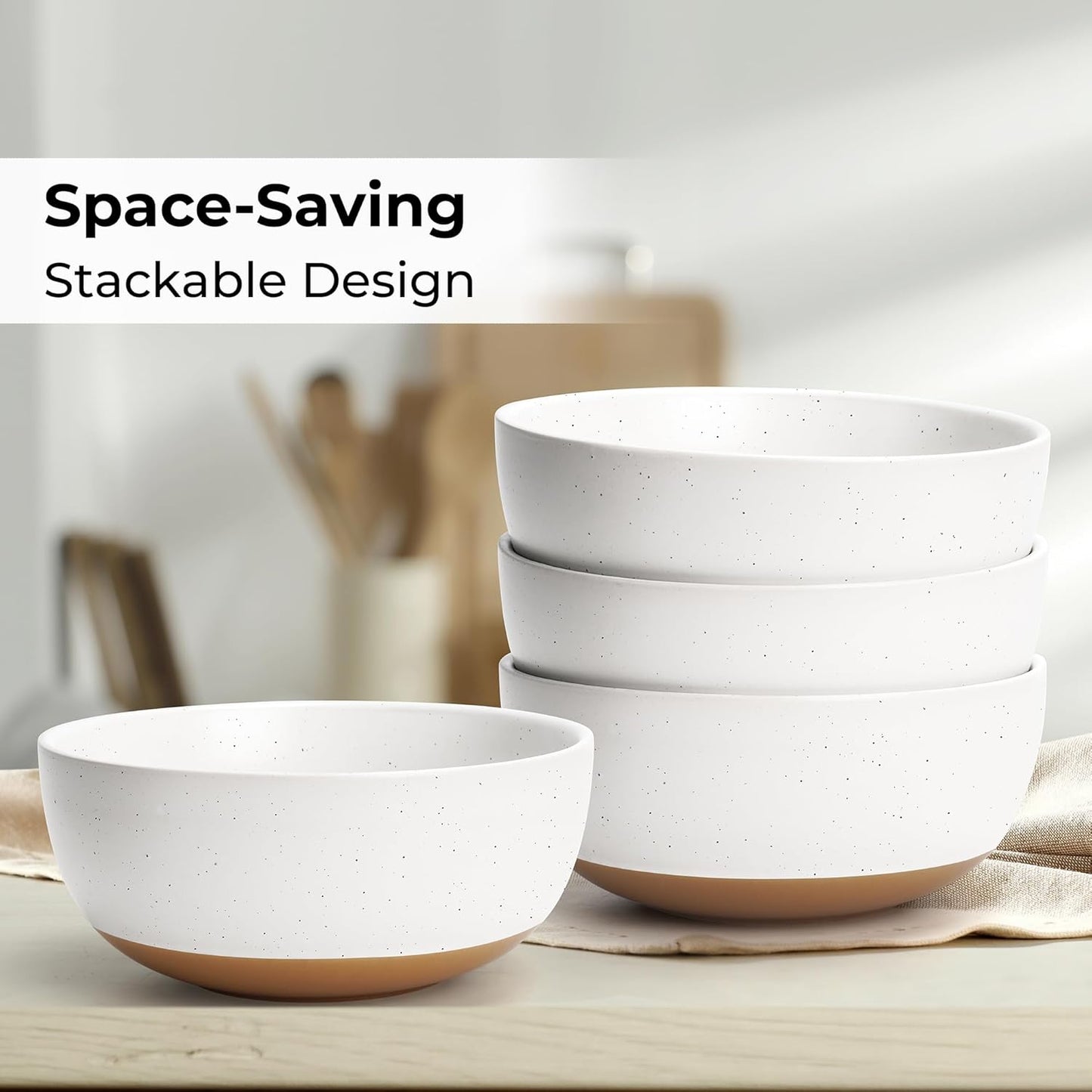 MIAMIO – Set of 4, 28 Ounce Ceramic Soup Bowls/Cereal Bowl Set for Salad, Oatmeal, Fruit, Rice – Dishwasher & Microwave Safe – Aura Collection (Creamy Cocoa, Bowls (4x))