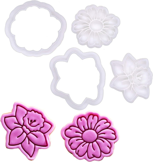 BAKERLOGY Meadow Blooms - Mini 2" Cookie Cutter & Stamp Set - Daffodil & Daisy Design for Easter & Spring Cookies, Cupcakes & Fondant Decorations
