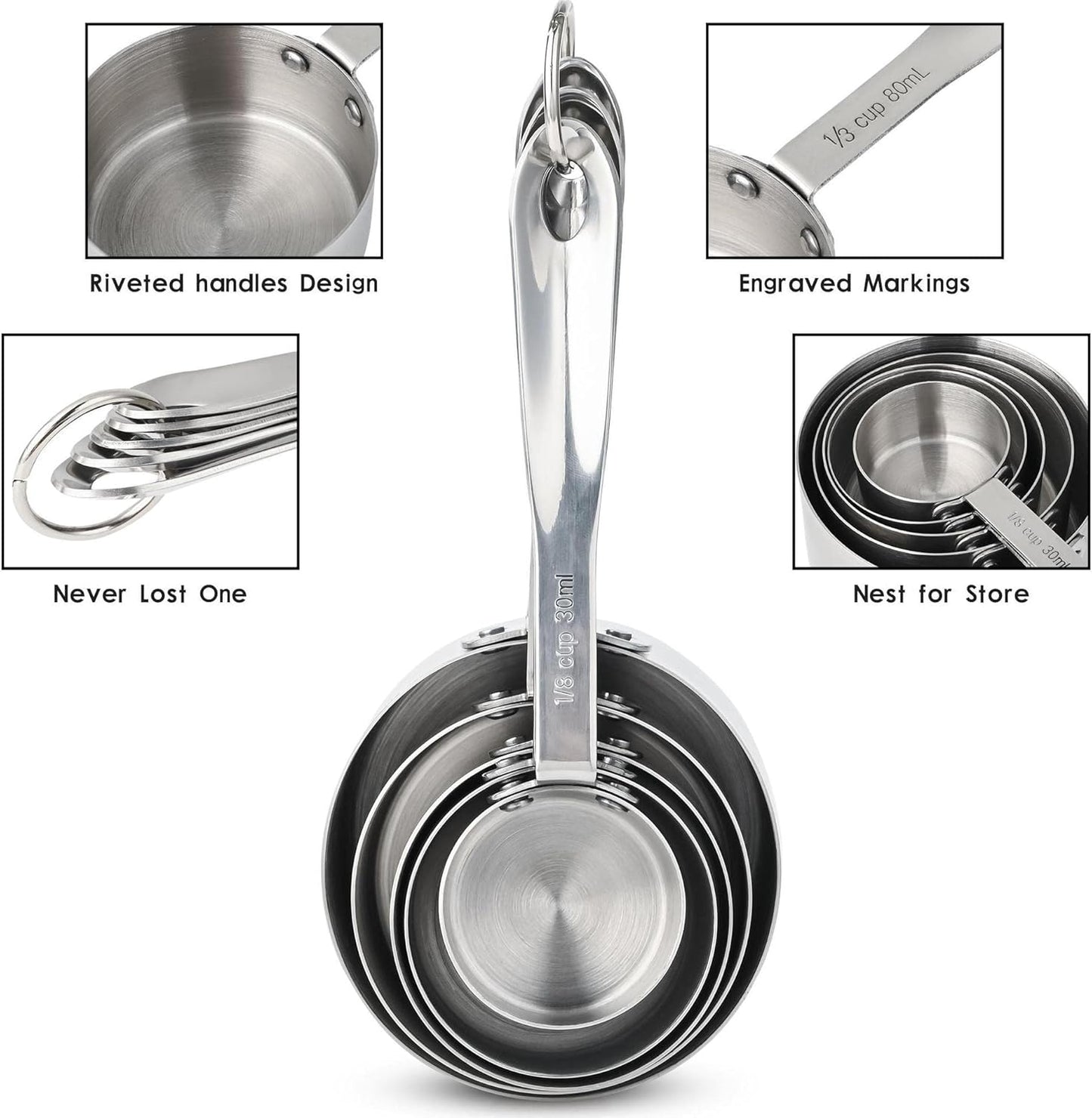 Measuring Cups and Spoons Set, 18/8 Stainless Steel Measuring Cups and Spoons Set for Kitchen & Baking, 5 MeasurE Cups &6 Long MeasurE Spoons&Leveler, Metric Measure Tools for Dry & Liquid