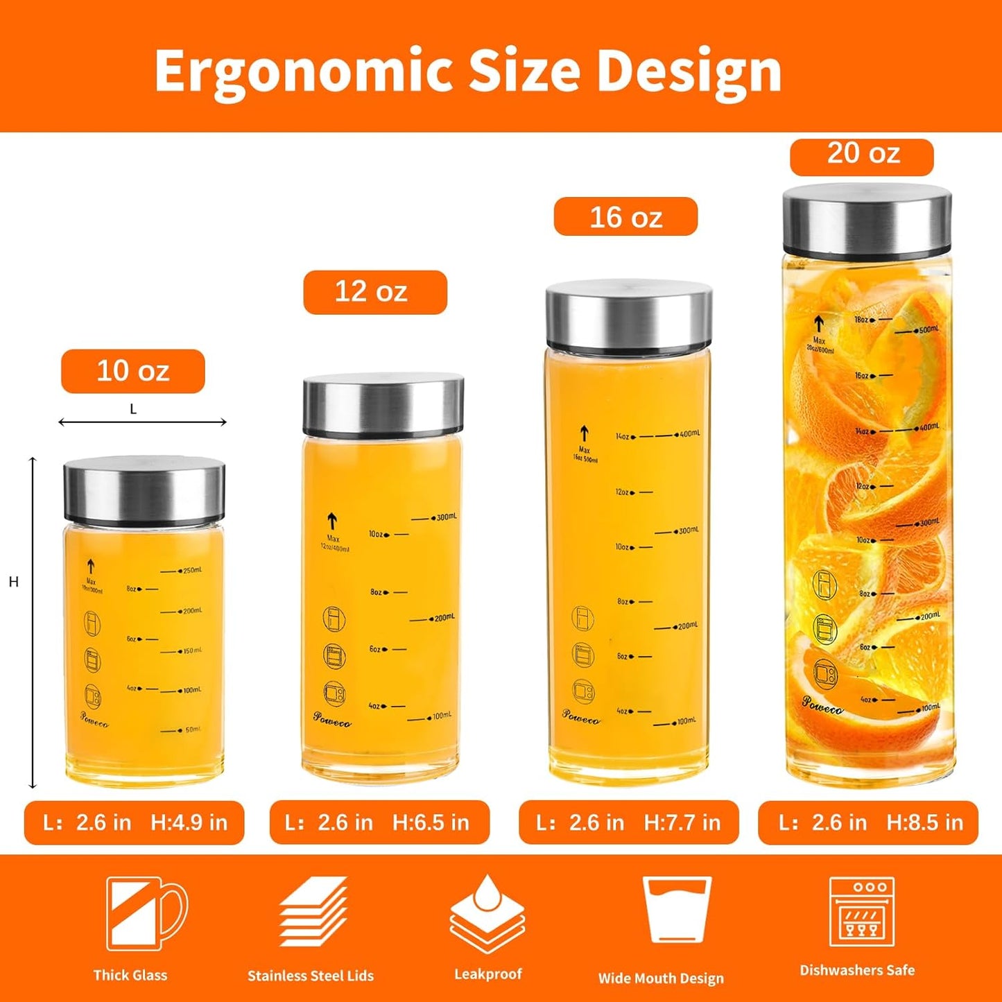Glass Juice Bottles 4 Pack 12 oz - Wide Mouth Glass Water Bottles with Lids - for Juicing, Protein, Smoothie, Milk, Reusable, BPA Free, Stainless Steel Lids, Blender, Shaker Bottle [12oz/400ml]