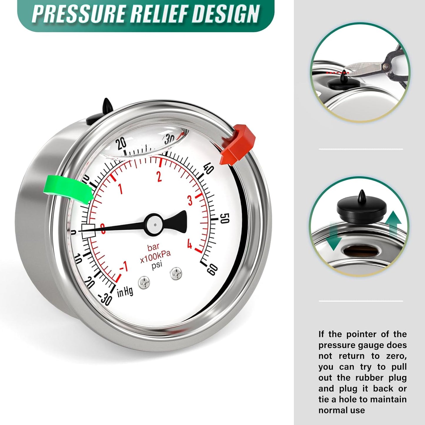 '-30inHG-60PSI Stainless Steel Liquid Filled Pressure Gauge, 2.5" Dial Size, 1/8" NPT Back Mount, for Tube, Water Pump, Gas, Liquid, Pressure Test (with Range Mark Pointer)