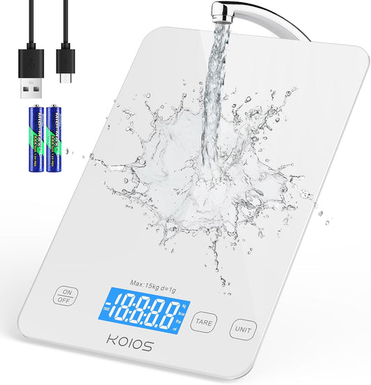 KOIOS Kitchen Scale, 33lb/15kg Digital Food Scales Weight in Grams and Ounces for Cooking Baking, 1g/0.1oz Precise Graduation, Batteries and Type-C Charging, Tare Function, LCD Display, White