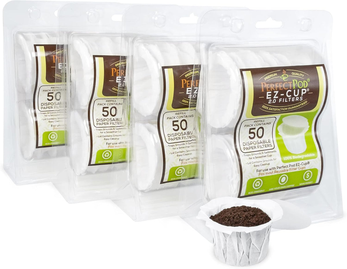 Perfect Pod EZ-Cup Disposable Paper Filters with Patented Lid Design for Reusable Coffee Pods - 4 Pack (200 Filters)