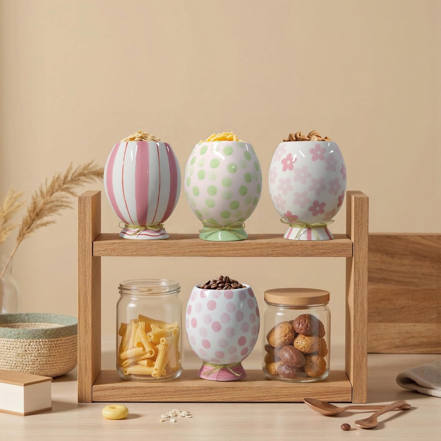 Cute Storage Jars with Airtight Lid, Funny Candy Shape Ceramic Food Container, Cookie Canister for Coffee Bean, Sugar, Tea, Spices, Cereal, Nuts, Dog Treat-700 ml / 23.7 oz(Pink Stripes)