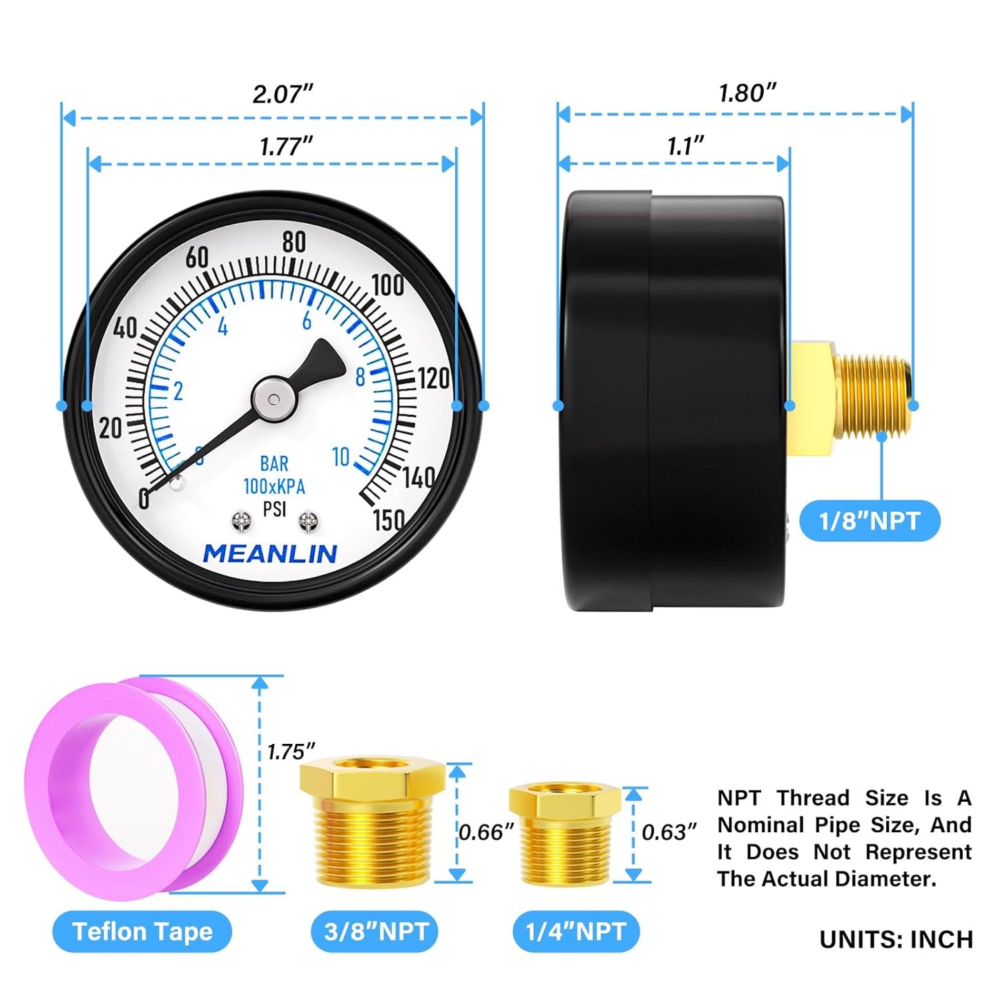 MEANLIN MEASURE 0-150Psi 2" DIAL FACE 1/8" NPT Well Pump Pressure Gauge, with 1/4" NPT and 3/8" NPT Hex Bushing, 3-2-3% Accuracy, Center Back Mount