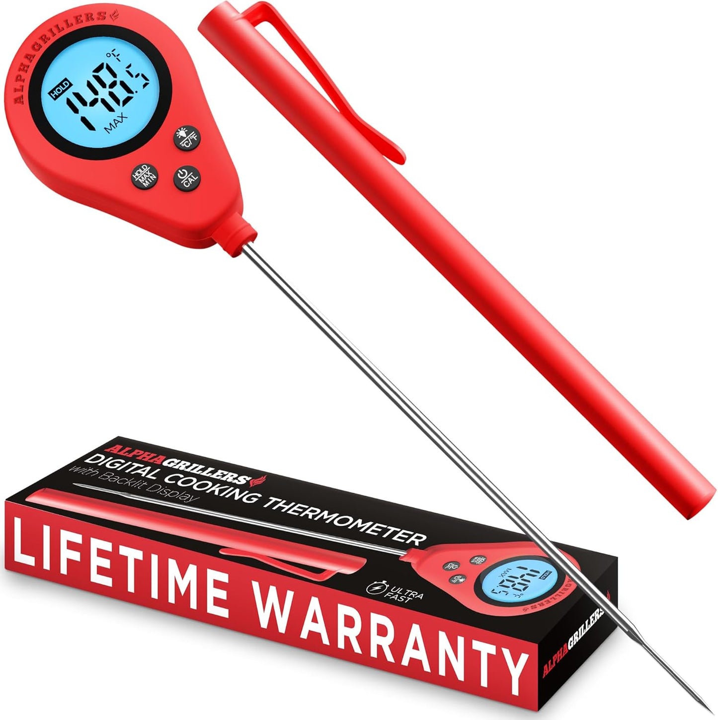 Alpha Grillers Instant Read Meat Thermometer Digital Food Thermometer for Cooking Grilling Bread Baking Liquids and Air Fryer with Temperature Guide, Long Probe and Large Backlit Display