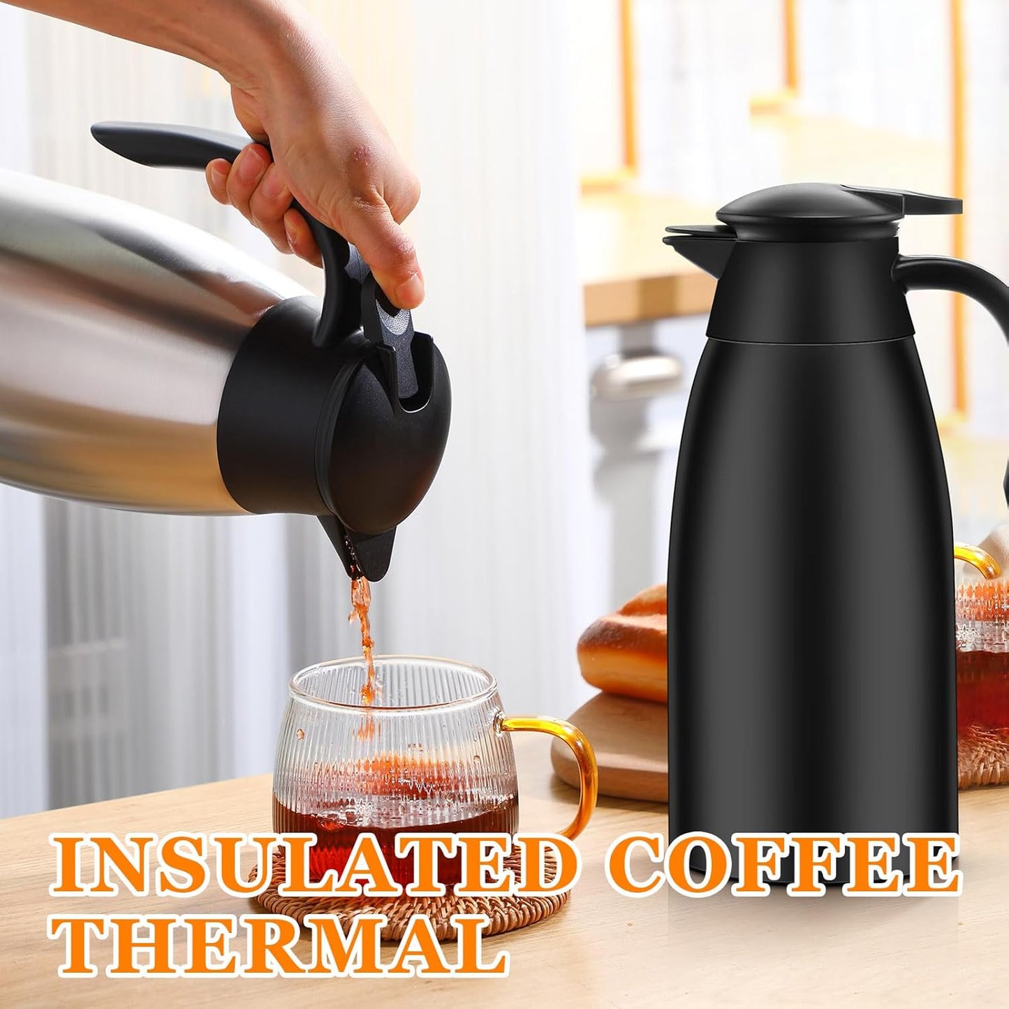 Norme 2 Pcs Thermal Coffee Carafe Insulated Stainless Steel Coffee Carafe for Hot Liquid Vacuum Thermal Pot Creamer Pitcher Dispenser with Brushes Keeping Hot Water Milk(Black, Silver,51 oz)