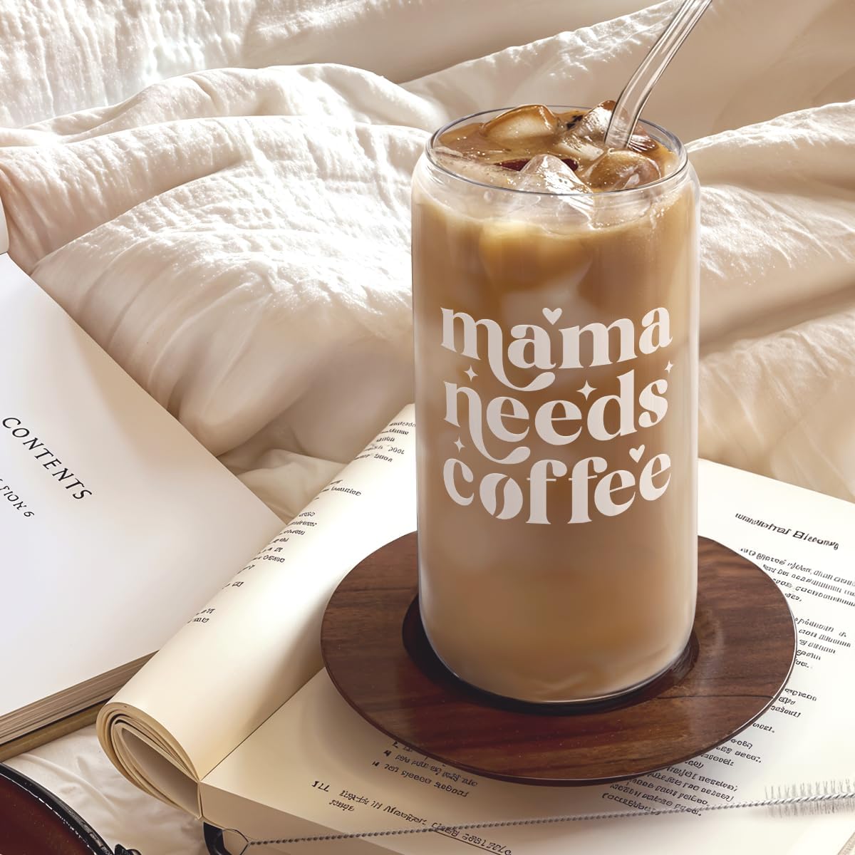 SANDJEST Mom Glass Can, Mama Needs Coffee Cup with Lid & Straw, Iced Coffee Aesthetic Cups, Idea Gifts for Christmas Birthday Mother Day, Gifts for Women, 16oz