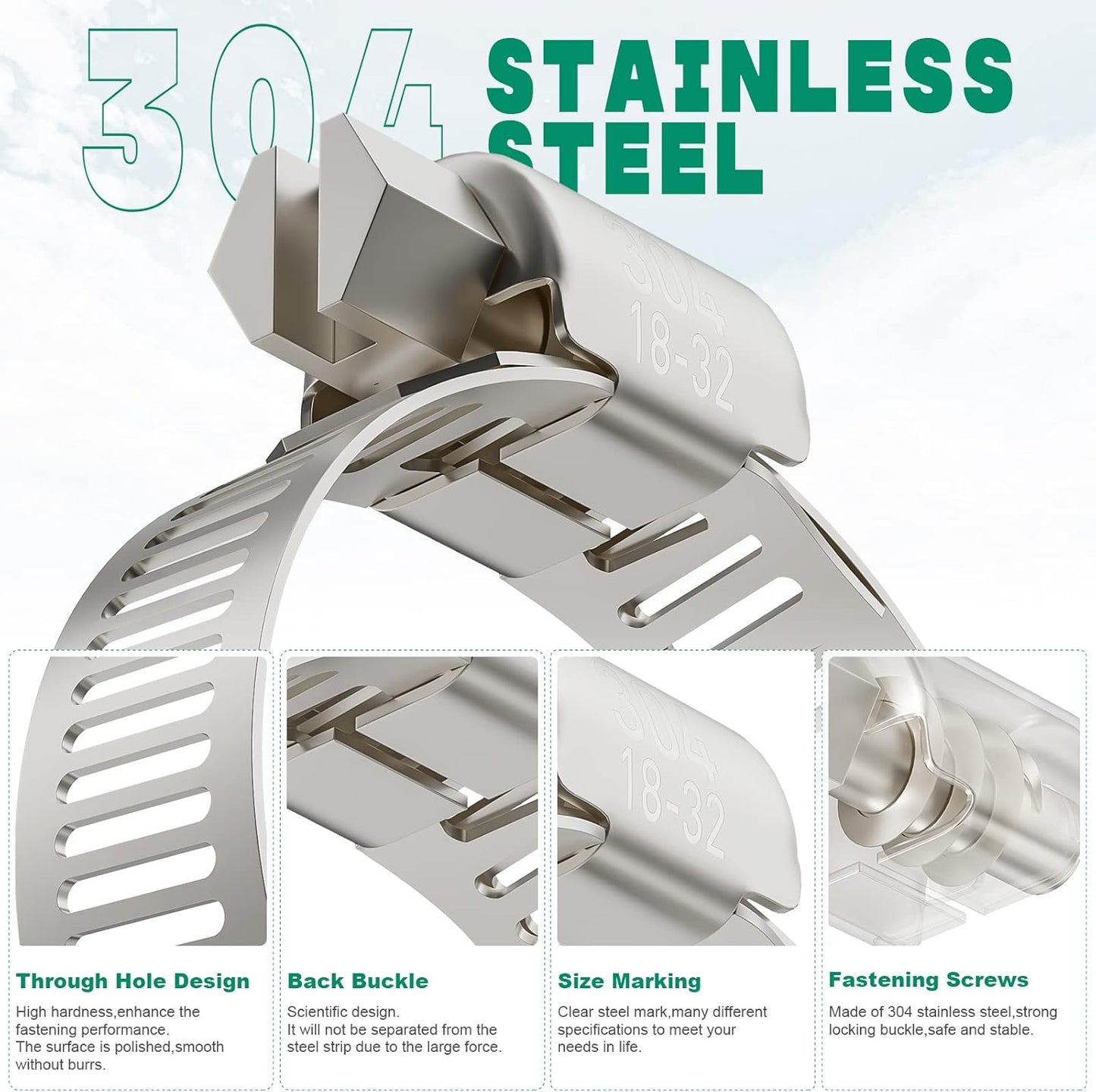 10PCS Hose Clamps Stainless Steel Adjustable 3/4"–1-1/4"(18-32mm) Worm Gear Hose Clamp, Heavy Duty Metal Small Hose Clamps for Automotive, Pipe, Radiator Plumbing, Fuel Line