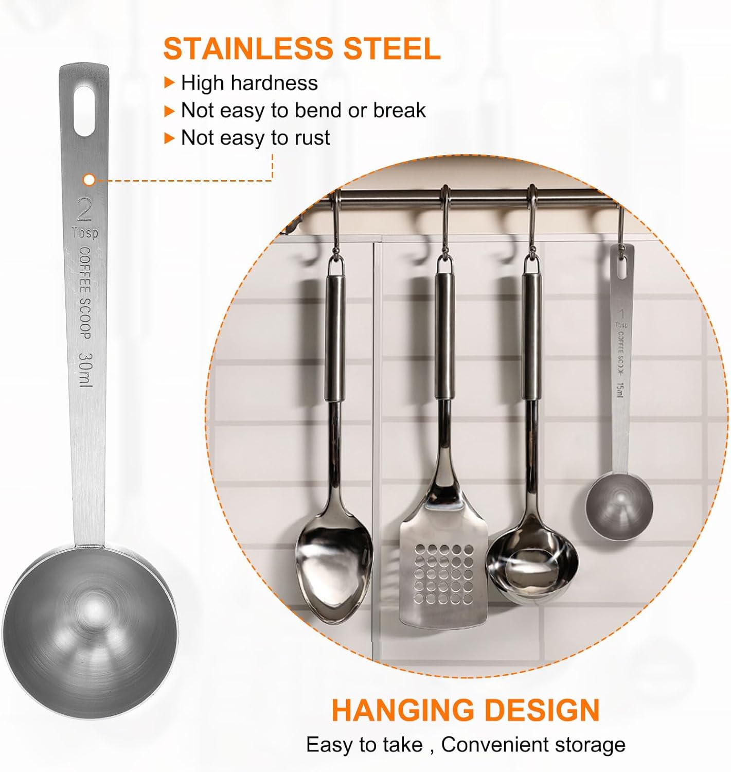 HARFINGTON 2pcs Coffee Scoop Spoon 2tbsp (6tsp, 30ml) 304 Stainless Steel Long Handle Teaspoon/Tablespoon Measuring Spoons Scoops for Tea Sugar Kitchen, Silver