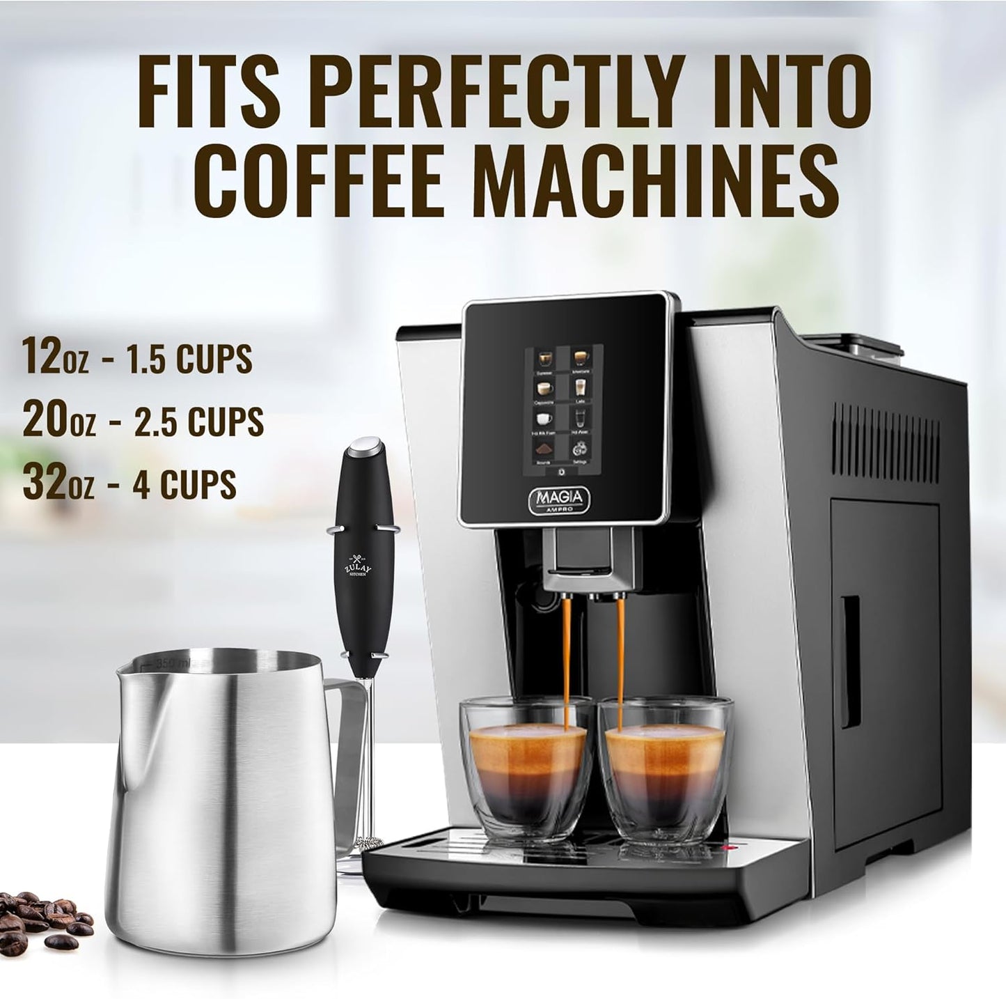 Zulay Milk Frothing Pitcher with Latte Art Pen – 12oz 20oz 32oz - Stainless Steel Frother Cup with Measurement Markings, Espresso & Coffee Accessories Creamer Jug with Laser-Welded Handle - 32 oz
