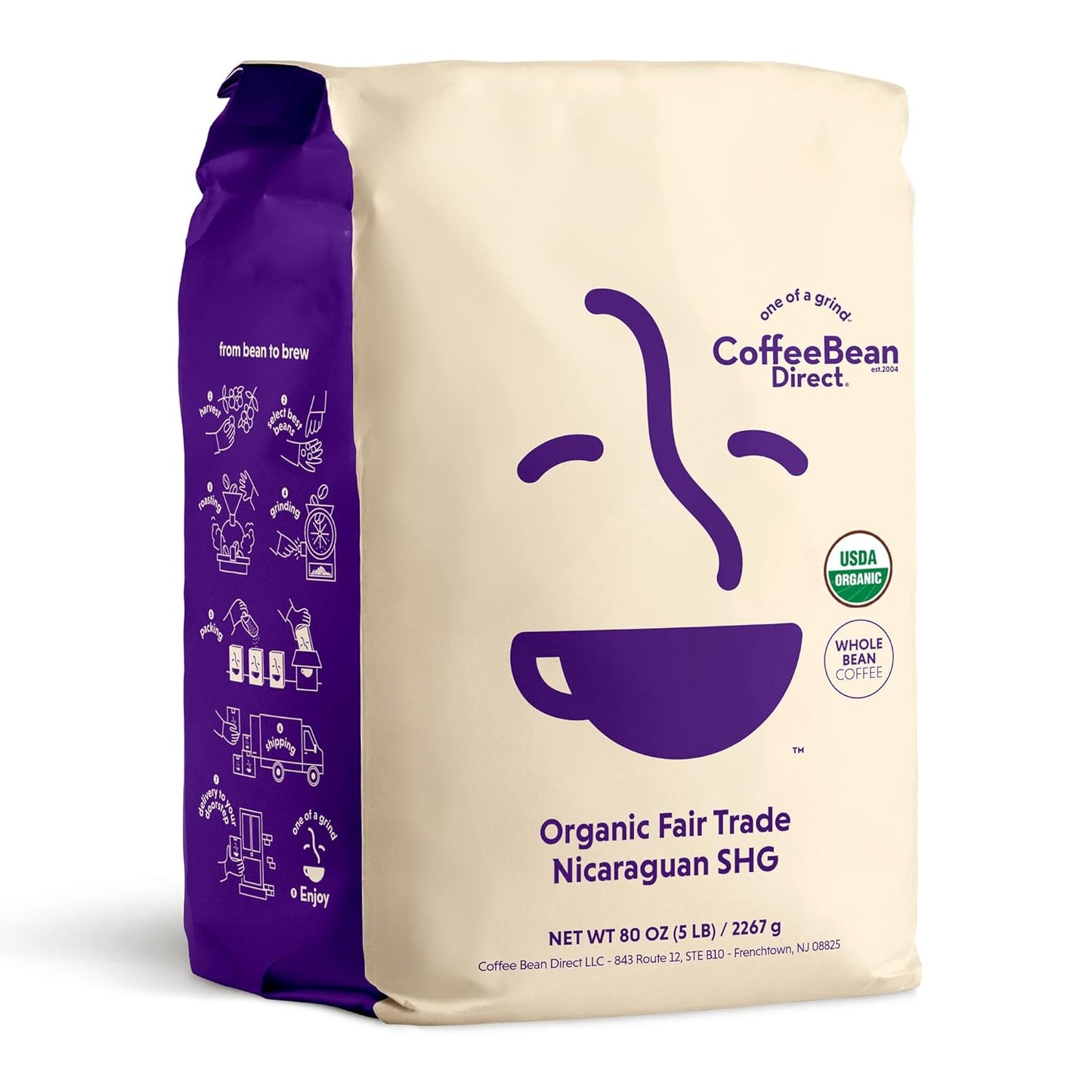 Coffee Bean Direct Organic Fair Trade Nicaraguan SHG, Whole Bean Coffee, Light Roast, 5 Pound Bag (Pack of 1)