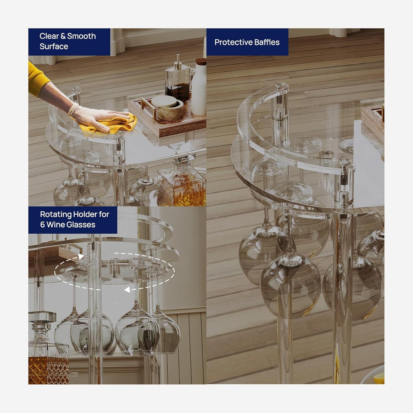 HMYHUM Acrylic Bar Cart with 4 Lockable Wheels, Clear Home Beverage Cart with Glass Holder, 3-Tier Rolling Serving Cart for Kitchen, Dining Room, Modern, Oval, 15''D x 23.6''W x 32.3''H