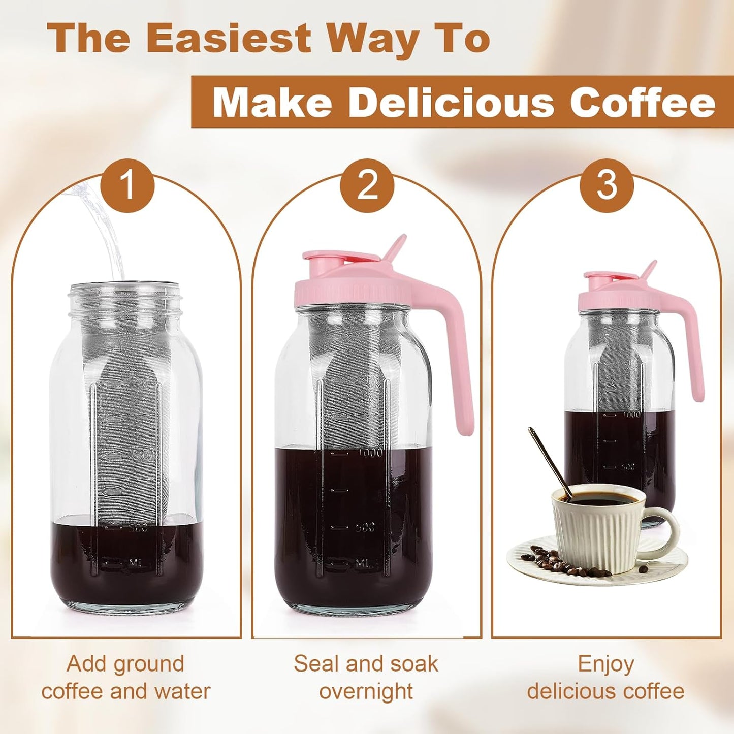 Cold Brew Coffee Maker，64 oz Wide Mouth Mason Jar Pitcher with Stainless Steel Filter, Pour Spout Handle Lid, Heavy Duty Glass Airtight & Leak-Proof Pitcher for iced coffee & Tea Lemonade-Pink
