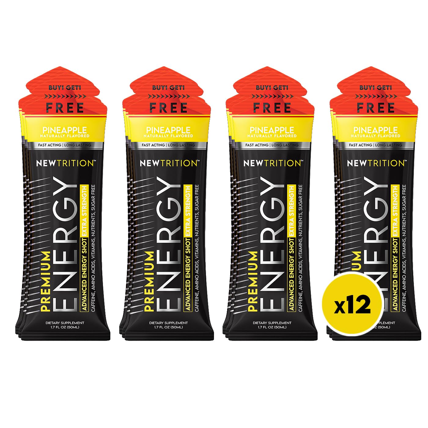 NewTrition® Extra Strength Energy Shots, 250mg Caffeine Energy Shots with Vitamin B & Amino Acids, Sugar-Free Vitamin Energy Shot, 1.7 fl oz (Pack of 12, Pineapple)