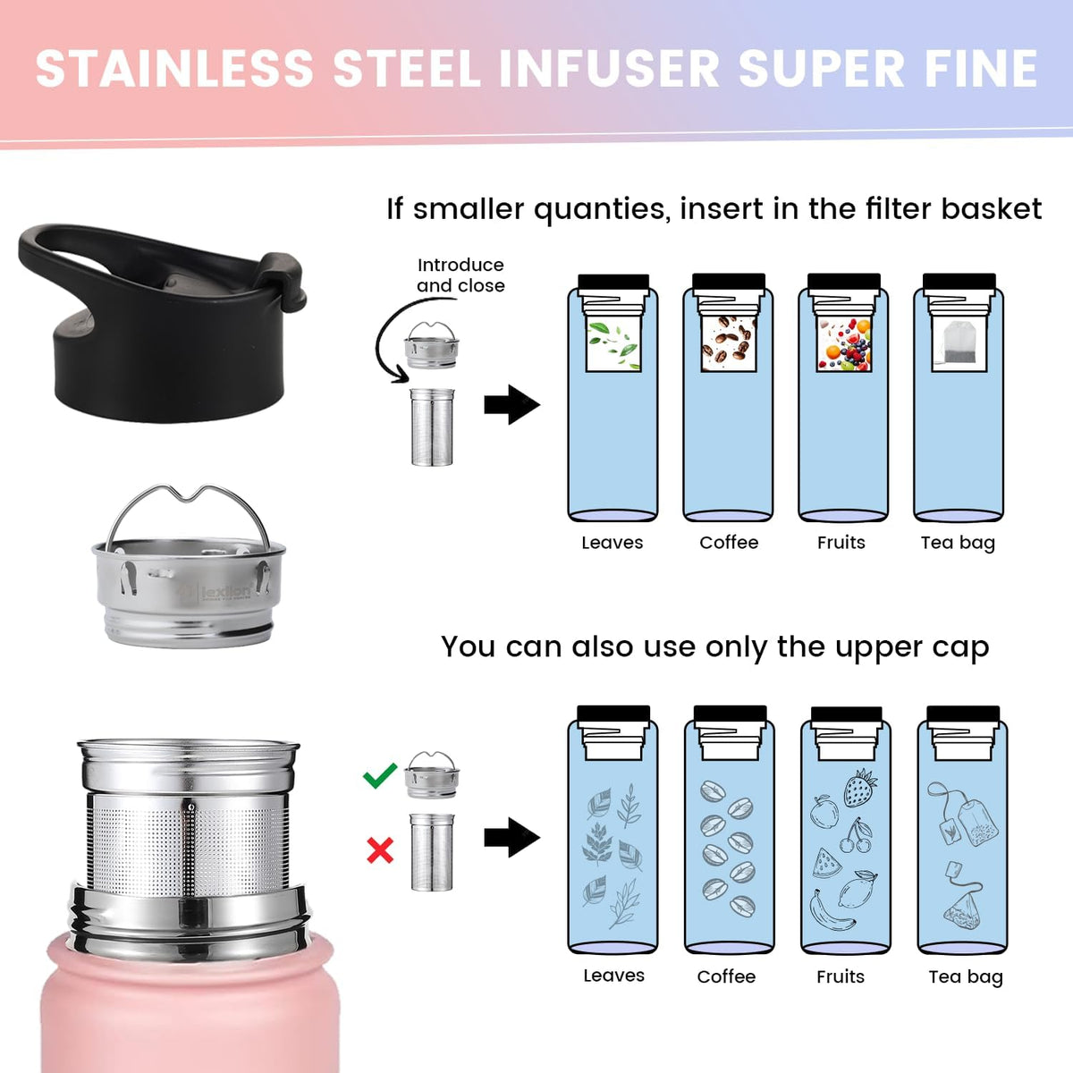 Lexlion Tea Infuser Bottle - Fruit Infuser Water Bottle 22 Oz, Triple Walled Insulated Stainless Steel Bottle, Thermal Leaf, Silicone Sleeve, 3 Lids Leakproof, Metal Mug Gallon