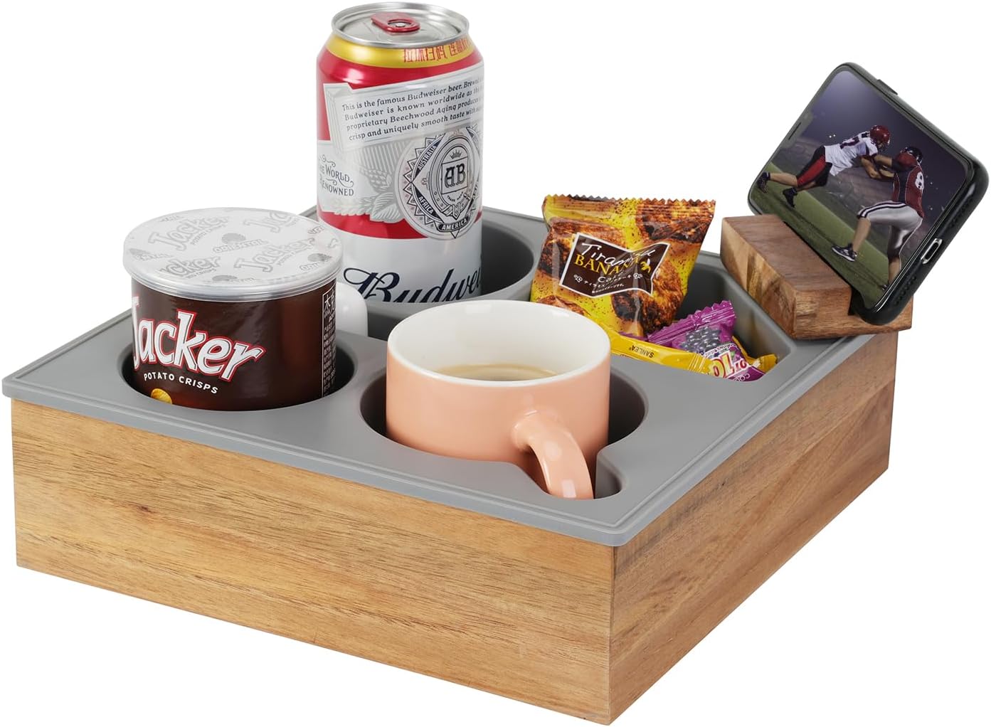 Couch Cup Holder Tray, Handy Soft Silicone Acacia Wooden Couch Caddy for Bed Car Seat Beach Organizer, Waterproof Anti-spill Couch Drink Holder for Snacks Beverage Remote (Gray)