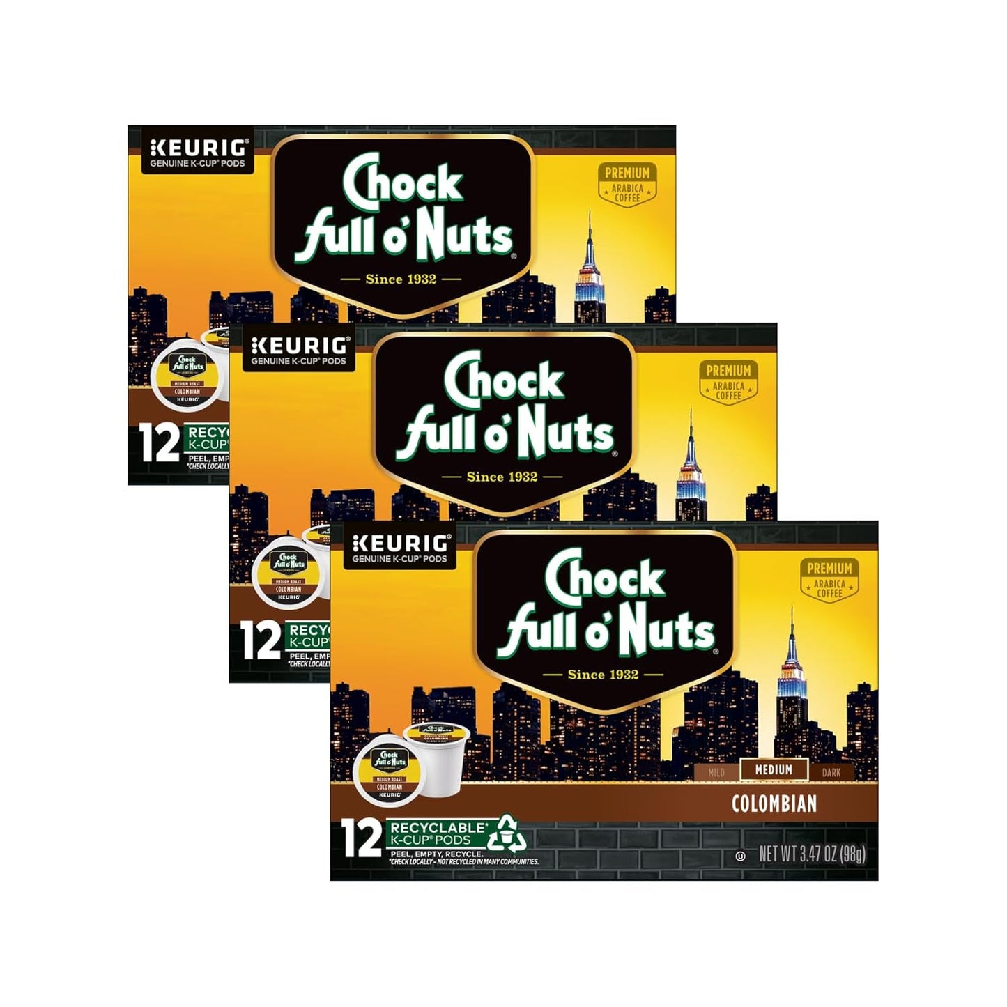 Chock Full o'Nuts Colombian Coffee, Compatible with K-Cup Pods, 12 CT (Pack of 3)