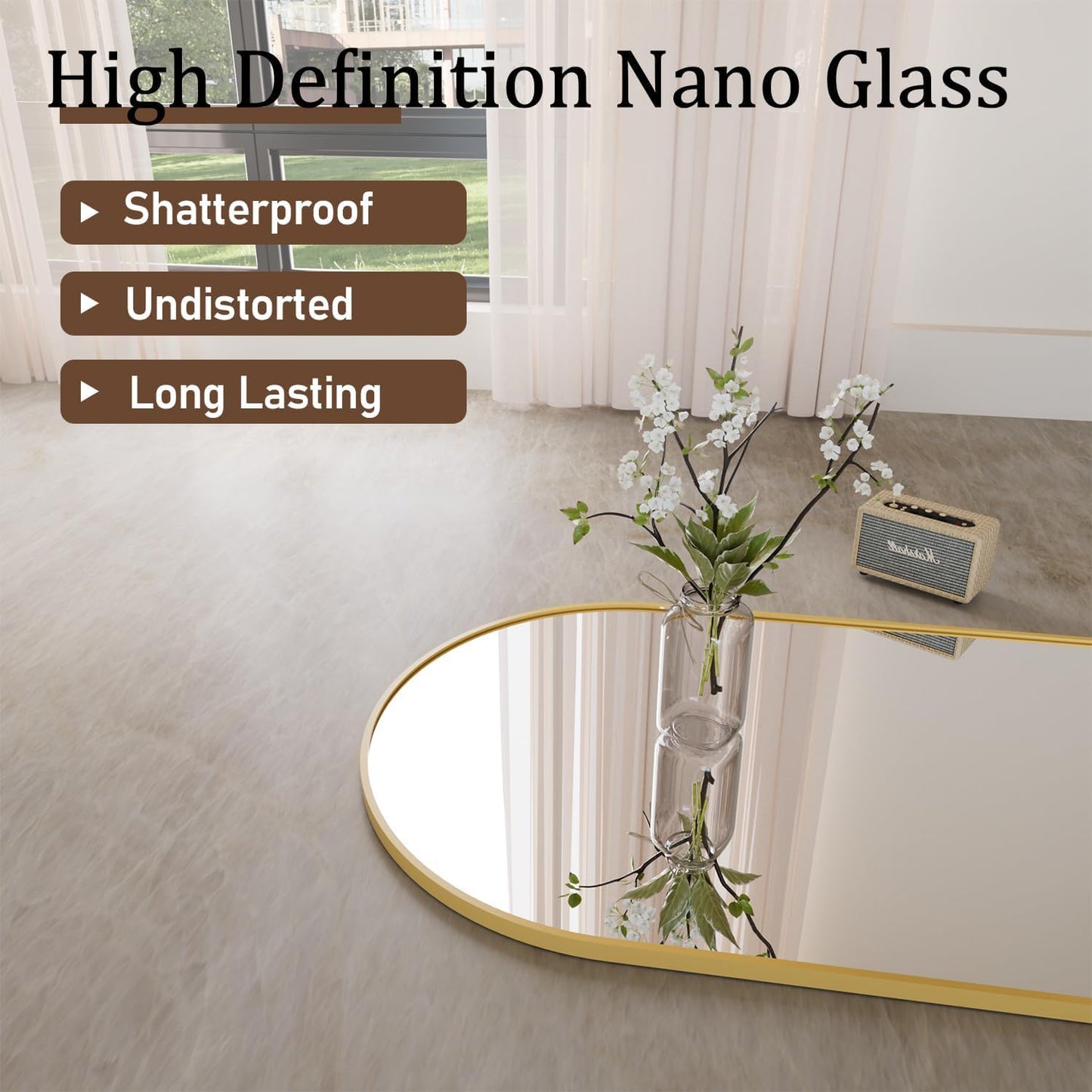VooBang Arch Mirror Full Length, 26" x 71" Floor Mirror with Stand, Aluminum Alloy Frame Full Body Mirror, Standing Hanging or Leaning Against Wall for Bedroom and Living Room, Gold
