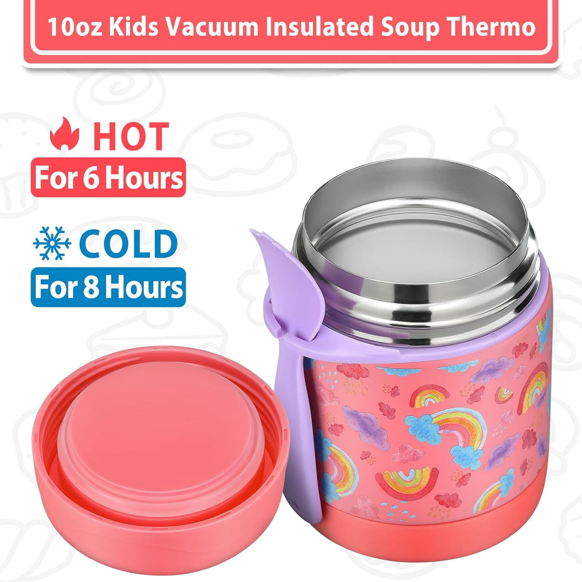 10oz Soup Thermo for Hot Food Kids,Lunch Thermo Kids Food Jar with Spoon Hot Insulated Food Containers,Leak Proof Stainless Steel Wide Mouth Lunch Food Thermo Jar for School(Pink-Rainbow)