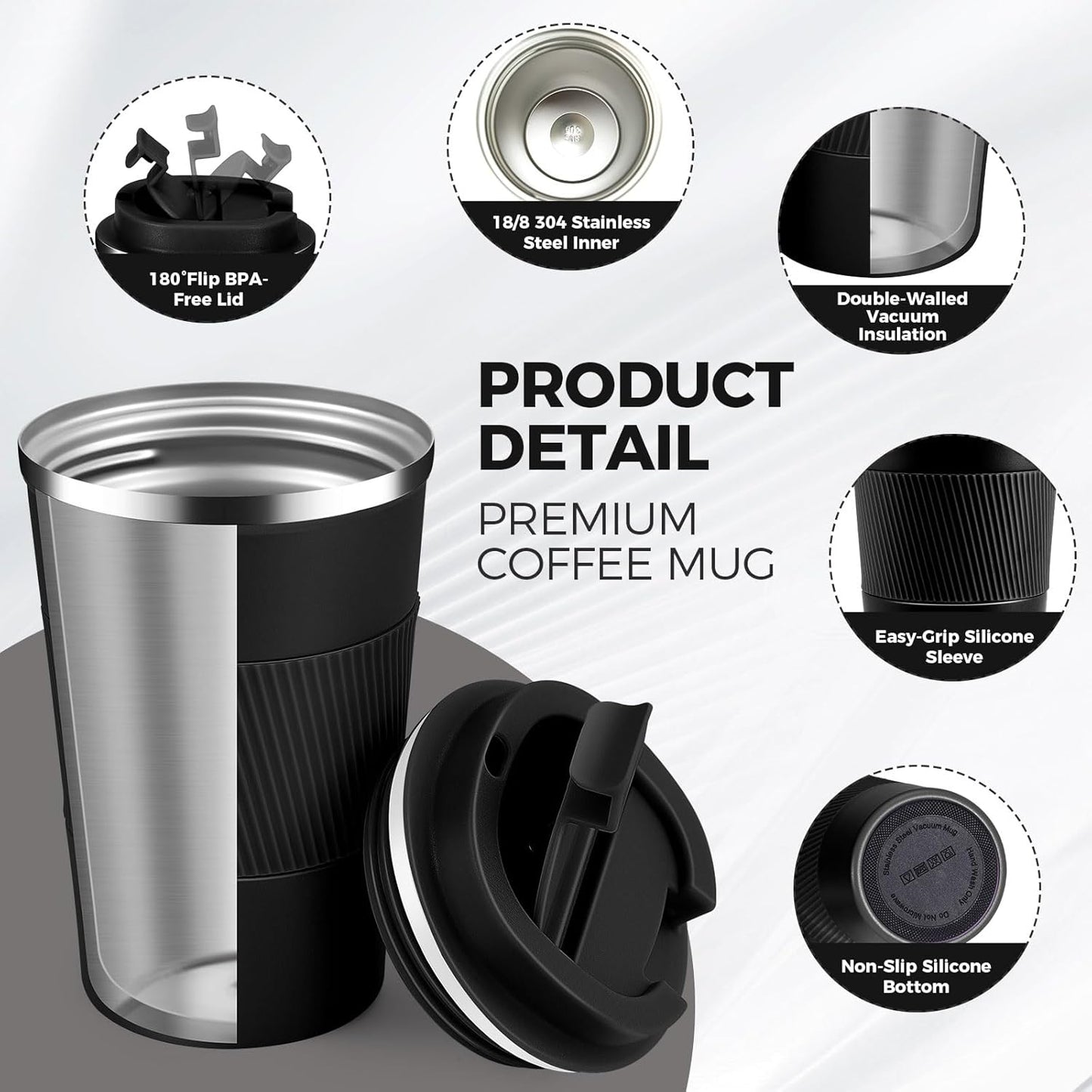 Volhoply 13 oz Stainless Steel Insulated Travel Coffee Mug with Fip Lid,Reusable Double Wall Vacuum Metal Coffee Cup,Portable to Go Leak Proof Cafe Thermal Tumbler for Hot & Cold Drinks(Black,1)
