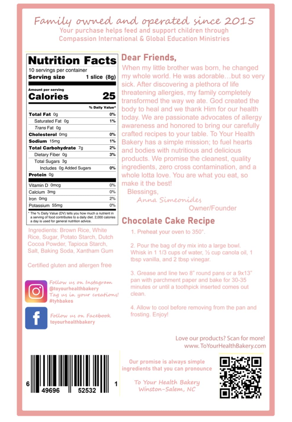 To Your Health Bakery Gluten Free (GF) Chocolate Cake Mix- Organic, Non-GMO, Top 8 Allergen Free