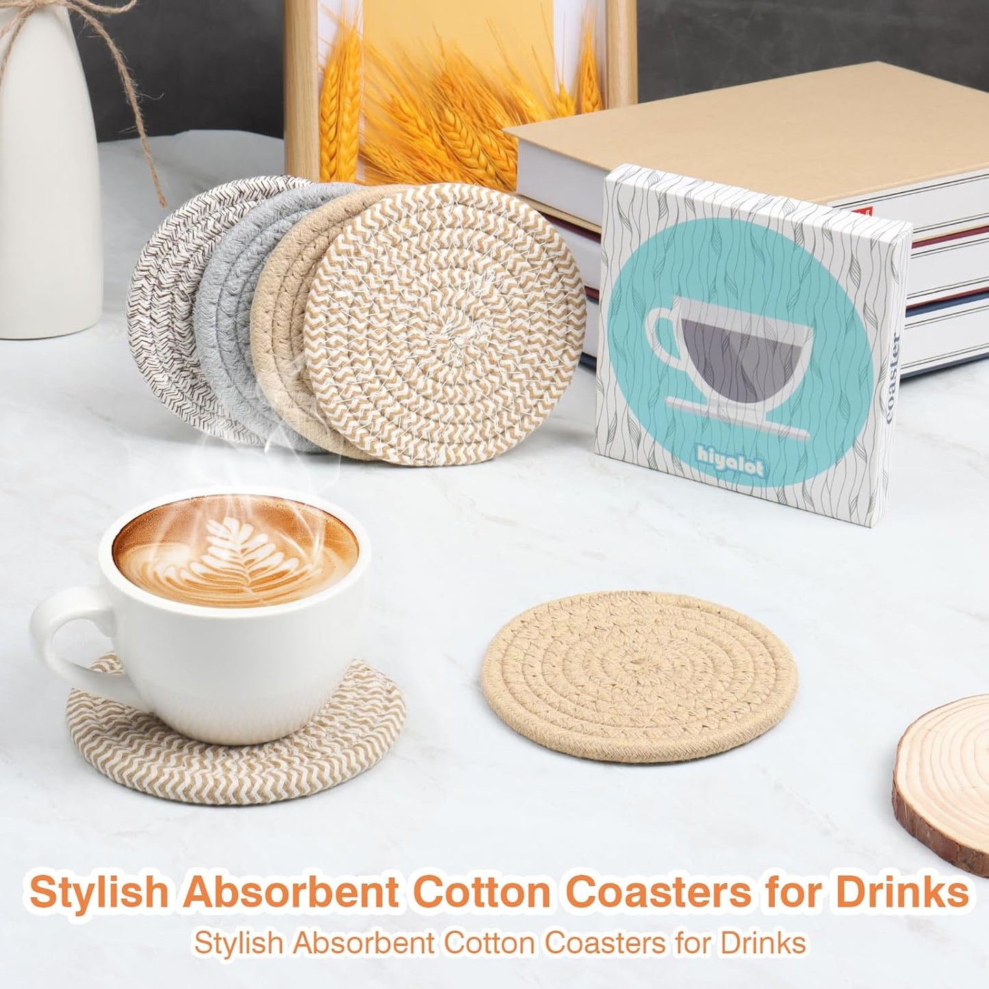 4.8" Drink Cotton Coasters Set of 2 – Boho Woven Drink Pads for Coffee & Tea, Neutral Sandstone Blend Fabric Cup Mats for Desk, Table, Nightstand, Dorm, Giftable Absorbent Coaster Set