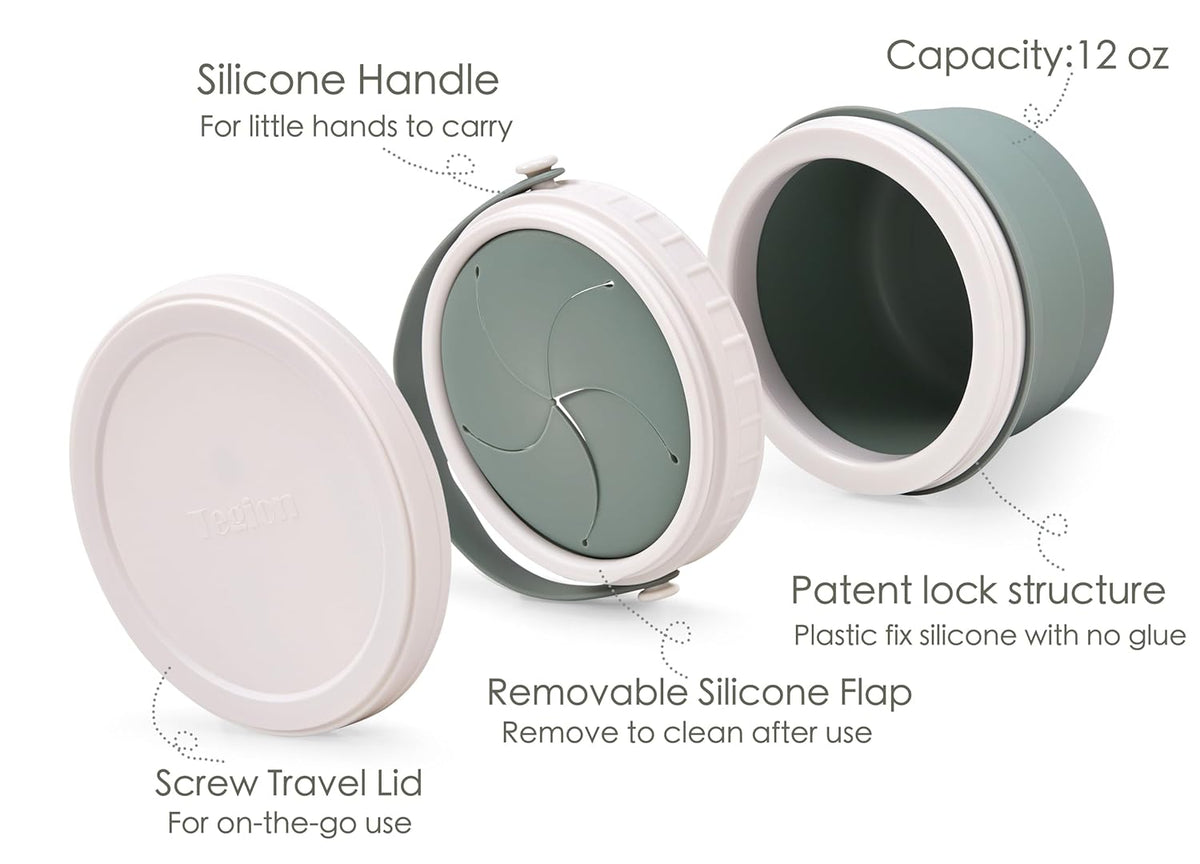 No Spill Silicone Toddler Snack Containers, Detachable Silicone Flap for Filling&Cleaning, Crumb-Free Hard Plastic Screw Travel Lid, Ultra-Soft for Baby Kids Hand In-Out, Snack Cup Holder 12 oz