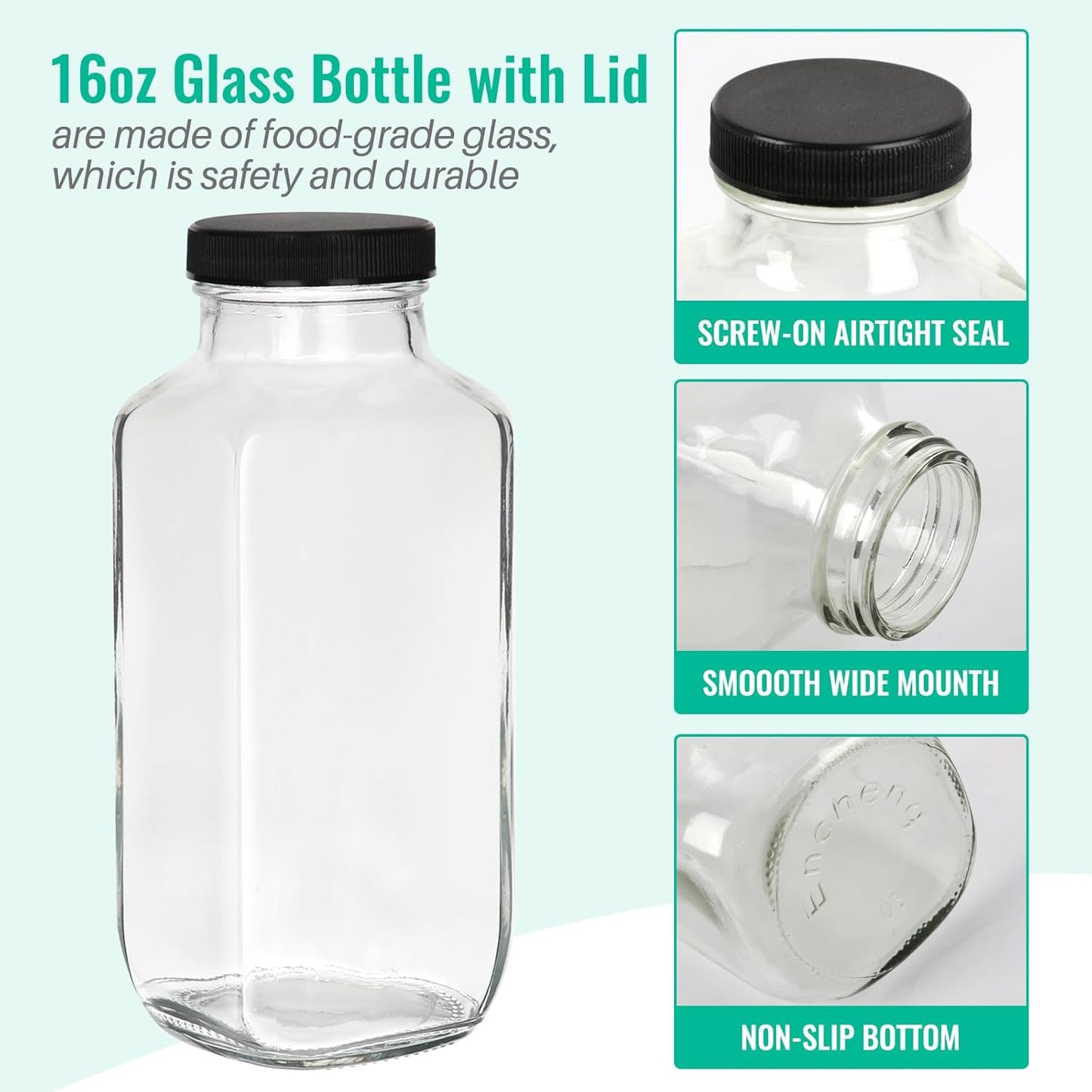 16 oz Glass Juice Bottles with Lids 12 Pack,Reusable Glass Drink Bottles,500ml Water Drinking Jars for Milk,Juicing,Kombucha,Ginger,Beverage Glassware,Juice Drinking Jars