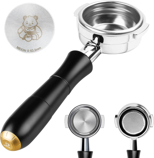 MEION 58mm Bottomless Portafilter for Gaggia 58mm, Gaggia Carezza, Gaggia Cubika Plus, Gran Gaggia Deluxe, Espresso Portafilter with Stainless Steel 18g Filter Basket and Puck Screen