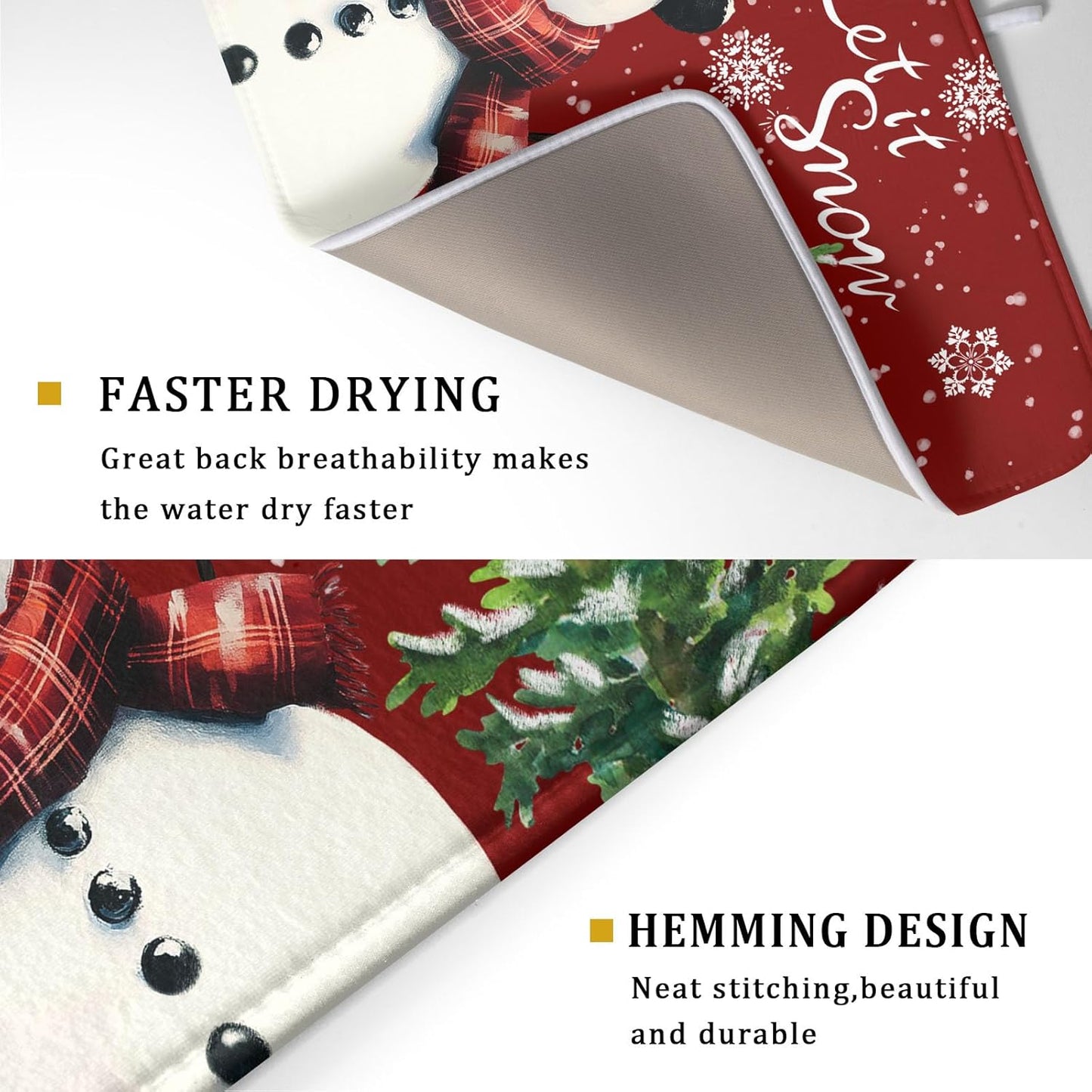 Let It Snow Winter Snowflake Red Dish Drying Mat for Kitchen Counter,Xmas Trees Snowman Cardinal Bird Drying Mat 18 x 24 Inch with High Absorbent Microfiber Drainer Mat for Coffee Bar