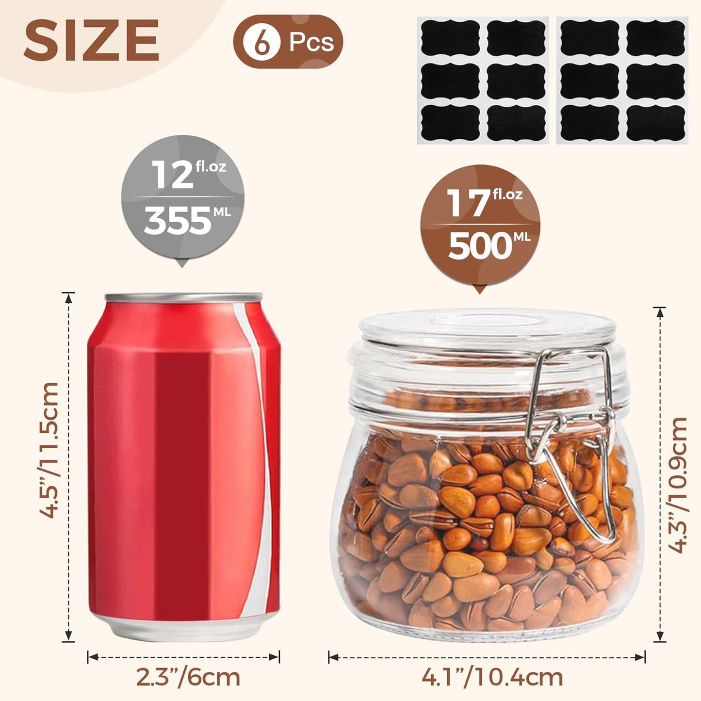 ComSaf Airtight Glass Canister Set of 6 with Lids 17oz Food Storage Jar Round - Storage Container with Clear Preserving Seal Wire Clip Fastening for Kitchen Canning Cereal,Pasta,Sugar,Beans,Spice