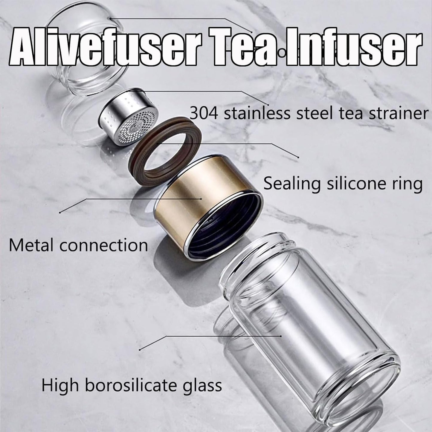Tryteava Glass Infuser, Tryteava 3-in-1 Smart Tea Infuser, Portable Glass Double Wall Tea Infusers Bottle, with Stainless Steel Filter, Hot & Cold Brew, For Loose Leaf, Office Home (Gold, 350ml)