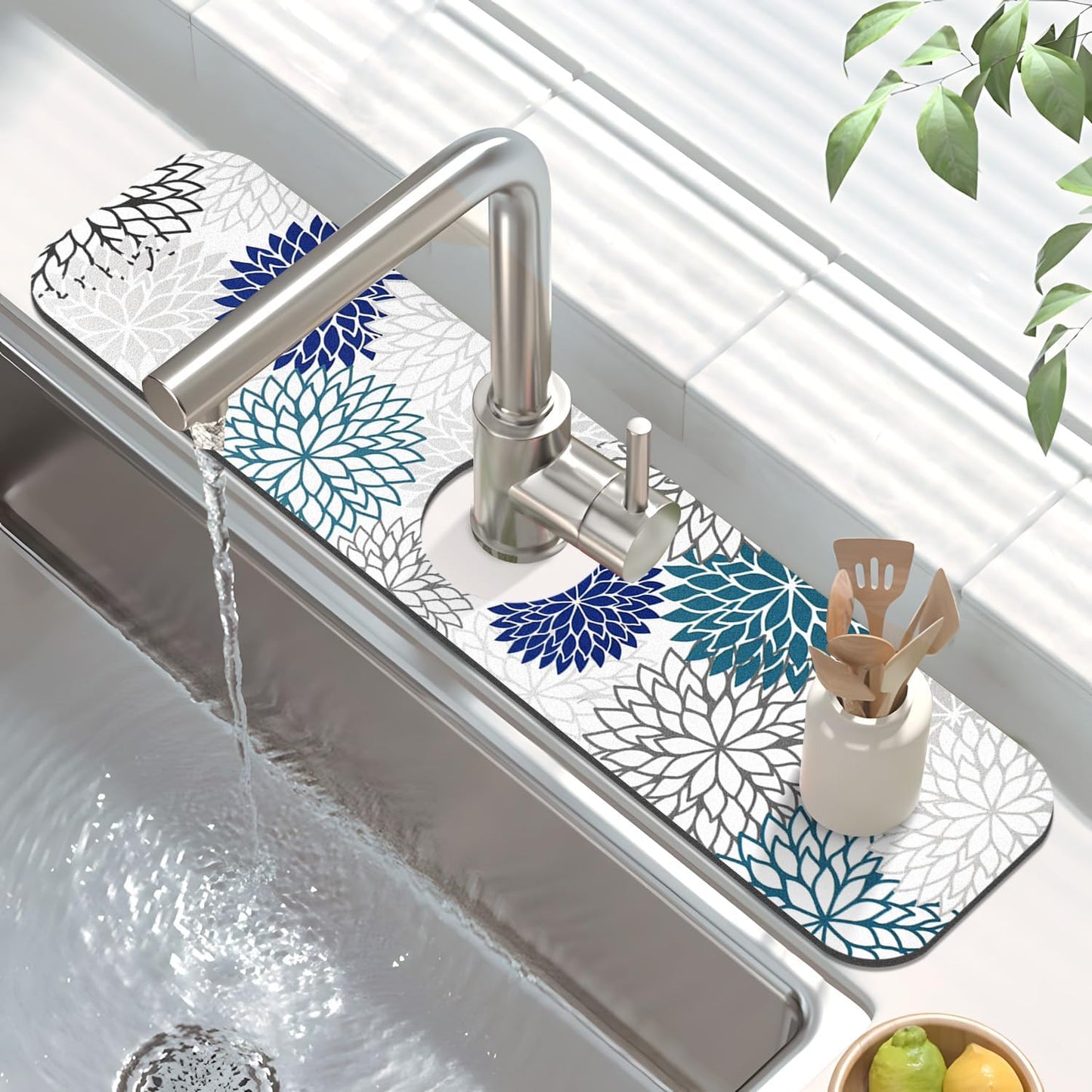Findosom 2PCS 12" x 20" Dish Drying Mat & 24" x 5.5" Sink Splash Guard, Super Absorbent & Cuttable Dish Mat Drying Kitchen Mat with Blue Floral, Hide Stain Drying Mat for Kitchen Counter