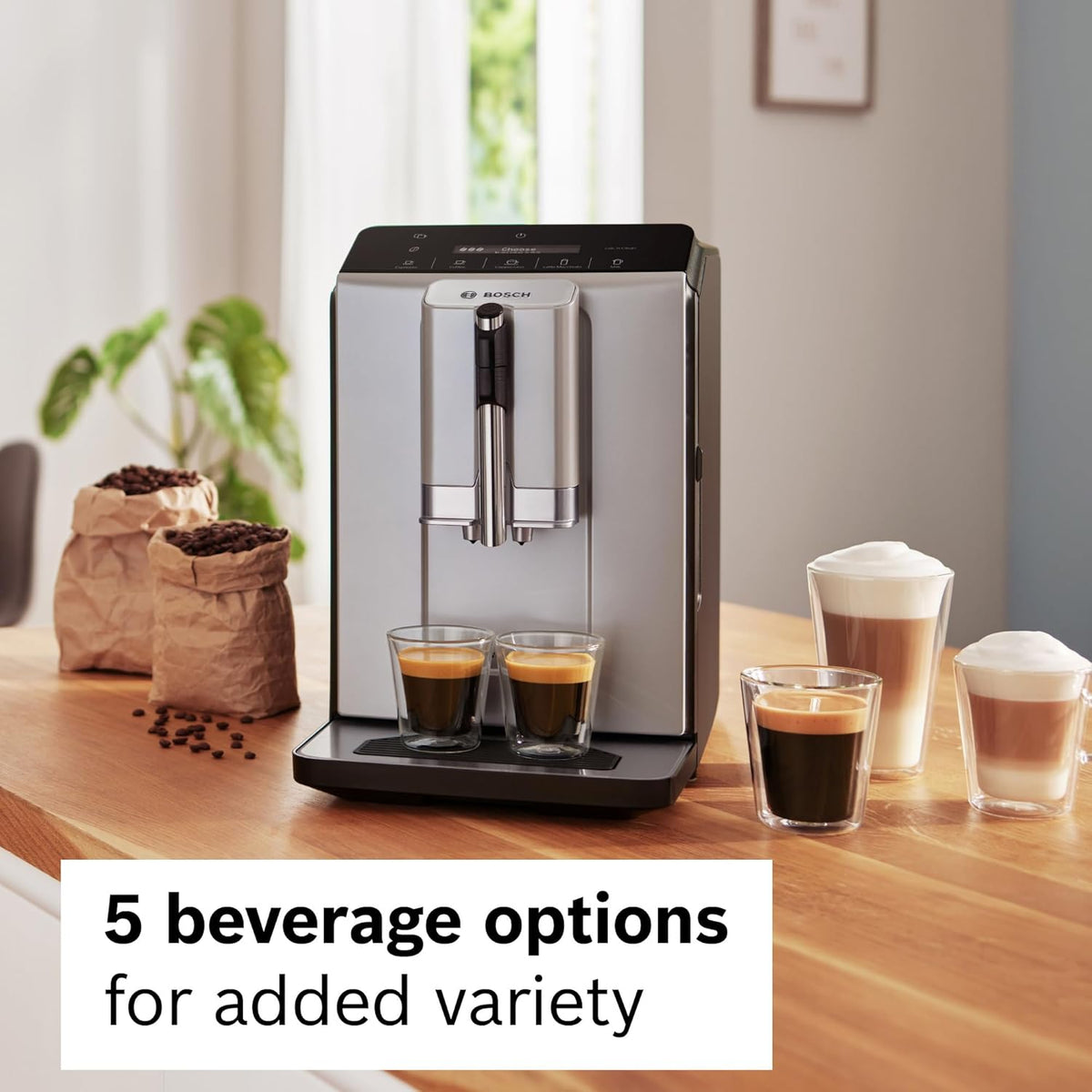 Bosch 300 Series Fully Automatic Espresso and Coffee Machine – In-Cup Frother, OneTouch Milk Drinks, 5 Drink Options, Ceramic Grinder, Easy Clean & Descale, in Silver TIU20307