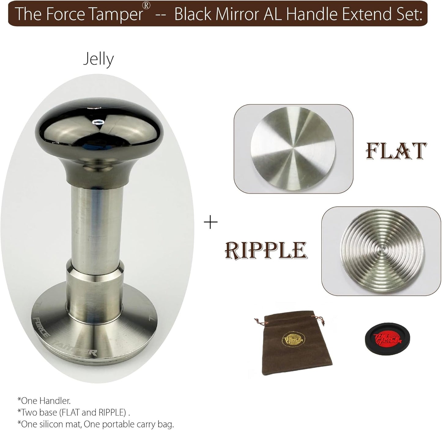 The Force Tamper Automatic Impact Coffee Tamper Adjustable Const Pressure and Autoleveling Extend Set New (Jelly-Black Mirror AL, 58.50mm)