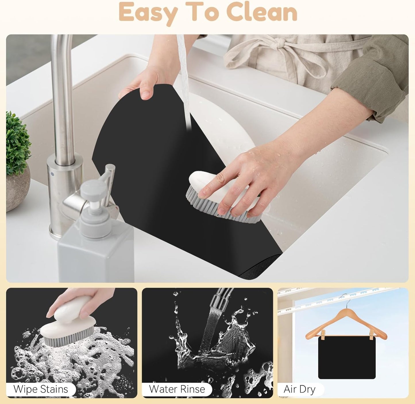 Coffee Mat Hide Stain Rubber (Black, 40cm×50cm), Coffee Bar Accessories Fit Under Espresso Machine CoffeeMaker Coffeepot, Backed Absorbent Dish Drying Mat for Kitchen Counter (Black, 20"x24")