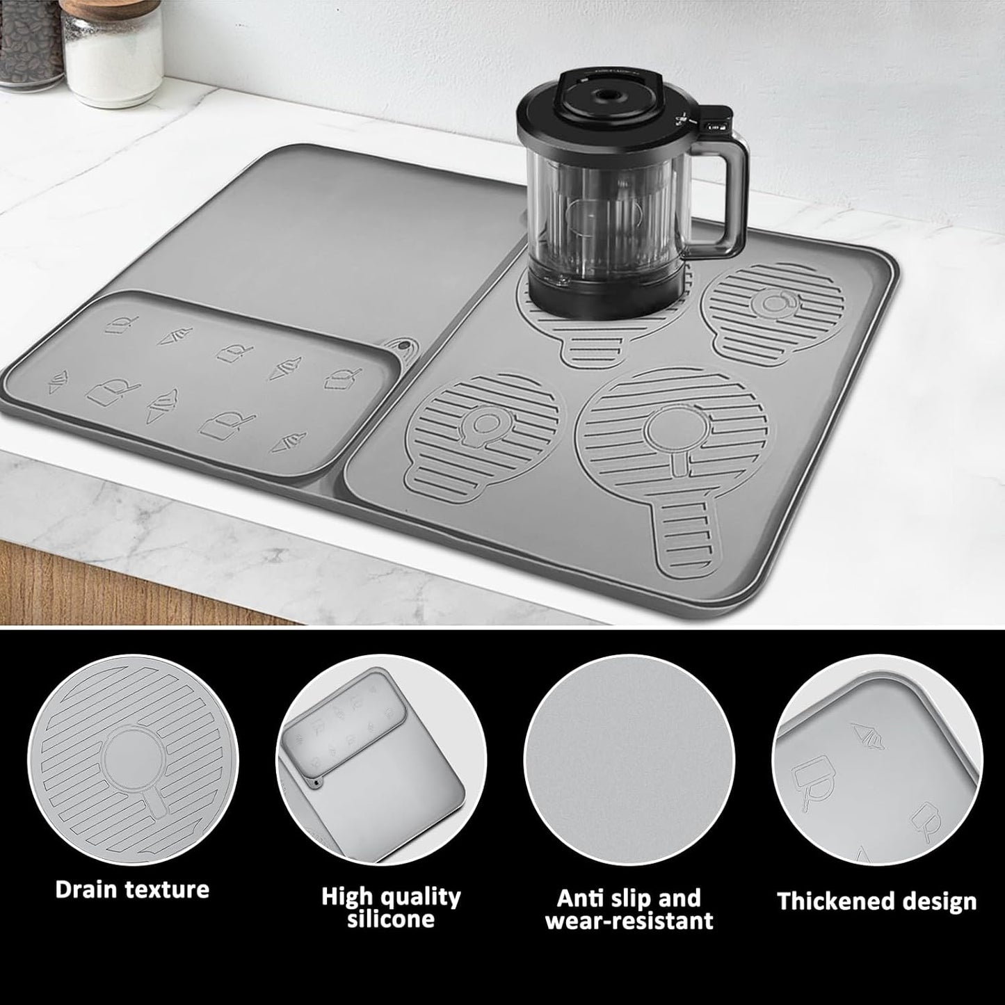 Silicone Coffee Mat 25"x16'' Large Coffee Bar Mat for Counter Station Accessories, Bar Mat with Detachable Dish Drying Mat - Fits Under Coffee Maker, Ice Cream Maker & Dish Rack, 3 IN 1