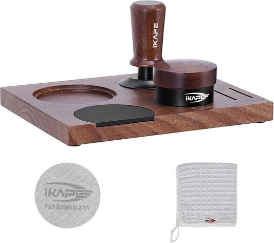 IKAPE 51MM Espresso Tamper Kit 5 IN 1, Elegant Wooden Espresso Tamper, Distributor Set with Tamper Base, Puck Screen, Cleaning Towel, Ideal for Coffee Enthusiasts, Made from Premium Walnut Wood