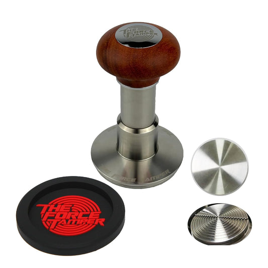 The Force Tamper Automatic Impact Adjustable Constant Pressure and Autoleveling Coffee Tamper Reddish Brown Jellyfish Wooden Handle Set Pro (Ripple-Distribute Set, 53.00mm)
