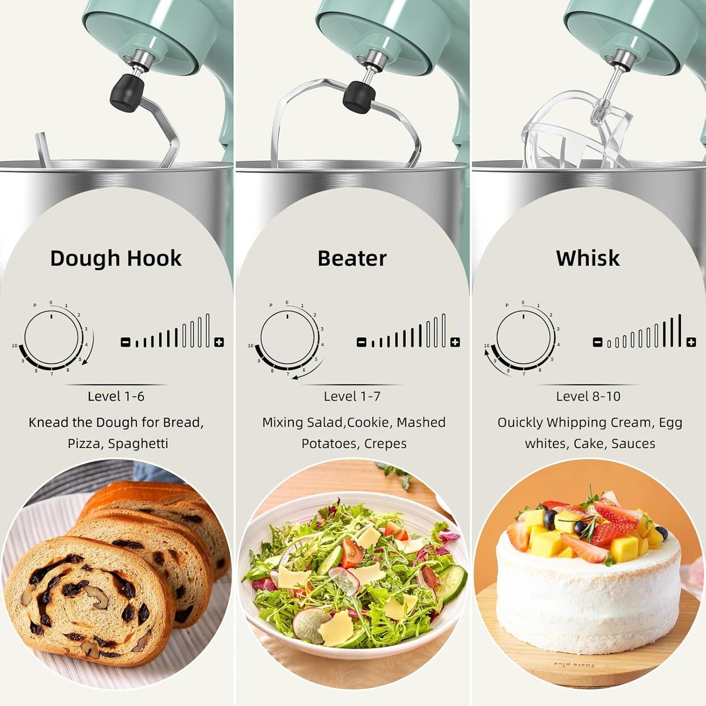 Electric Stand Mixer,10 Speeds Tilt-Head Food Mixer, 3-IN-1 Kitchen Mixer for Daily Cooks with 6 QT Bowl,Dough Hook, Beater, Whisk (Agave Green)